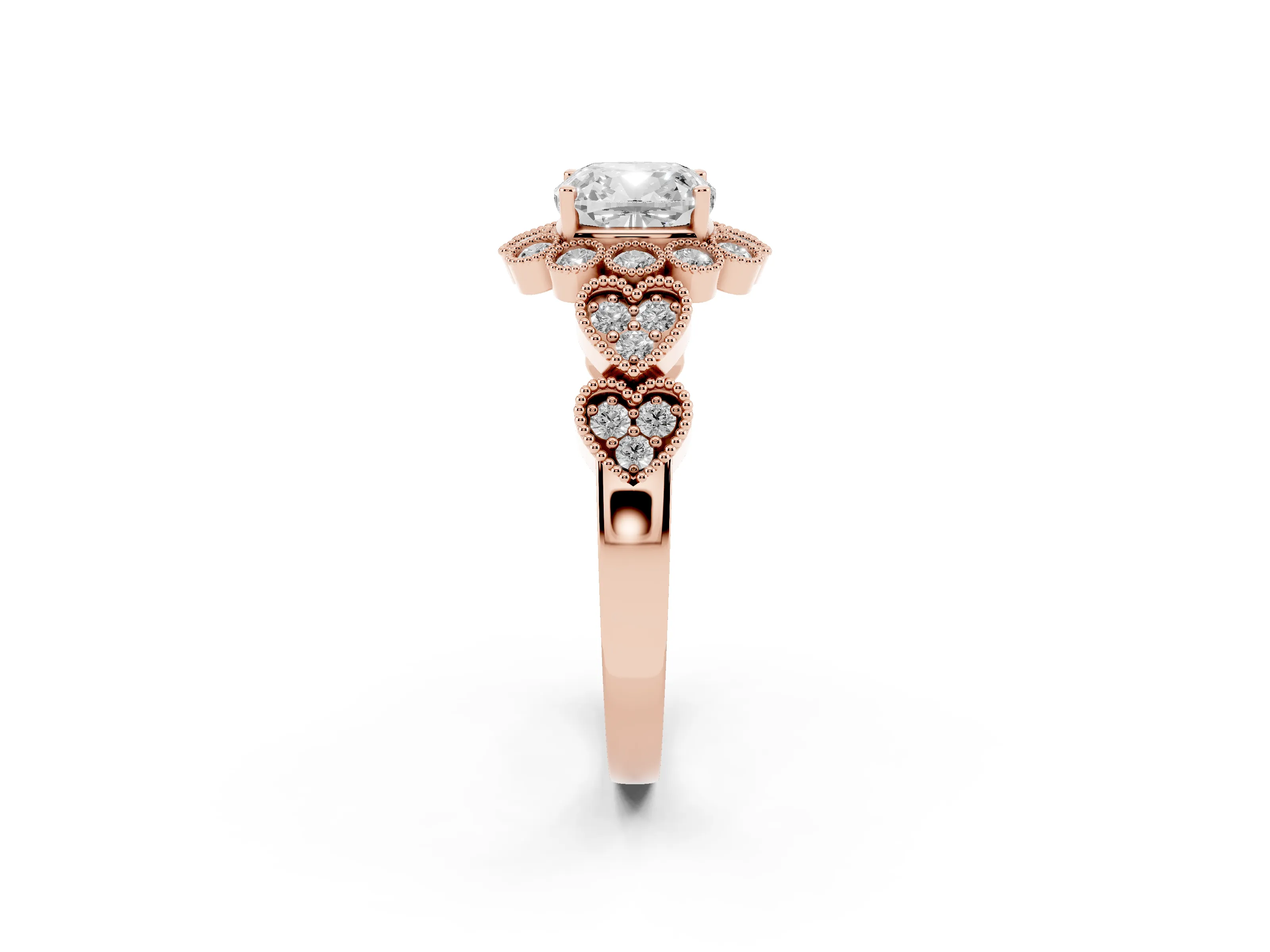 Cushion Cut Diamond Solitaire Ring Set in Rose gold with Milgrain Pavé Heart Band
