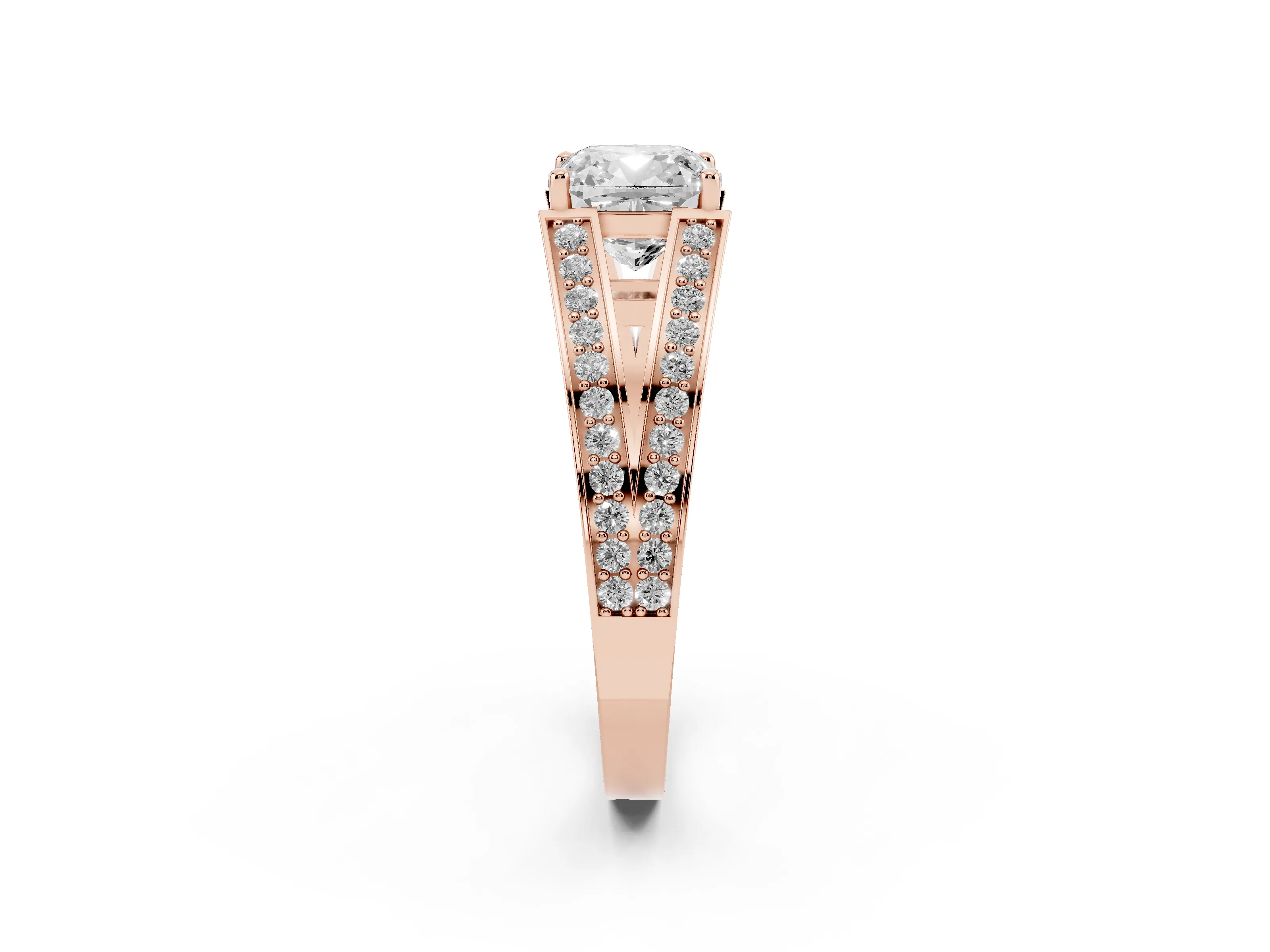 Cushion Cut Diamond Split Shank Ring Set in Rose gold with Pavé Band and Prong Setting