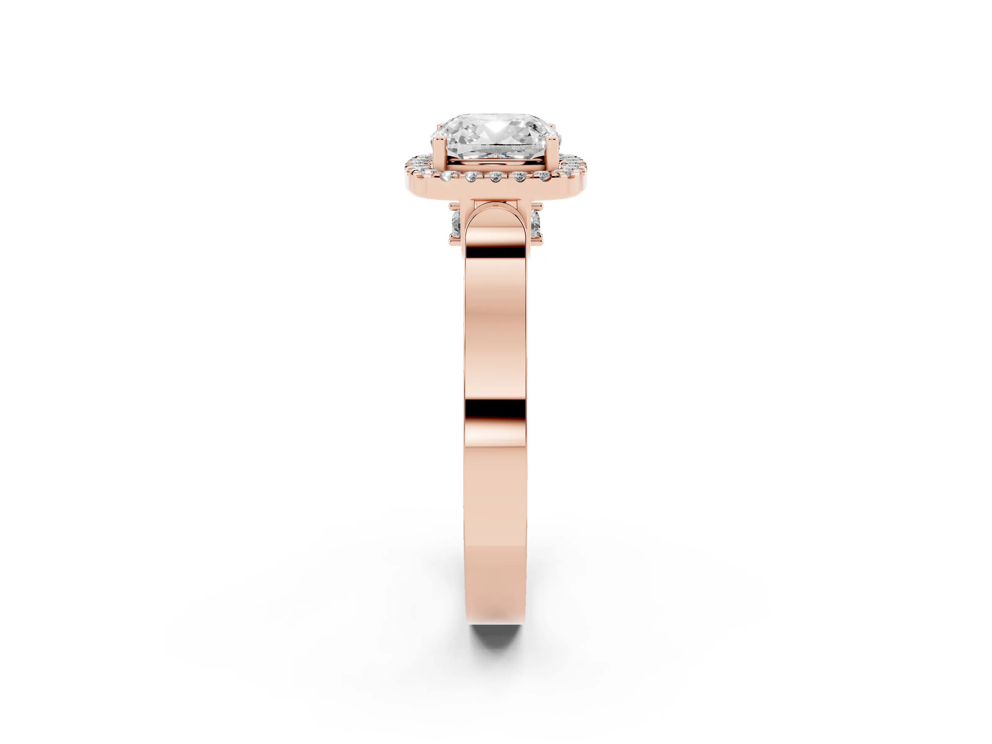 Cushion Cut Diamond Halo Ring Set in Rose gold with Pavé-Lined Split Shank Band