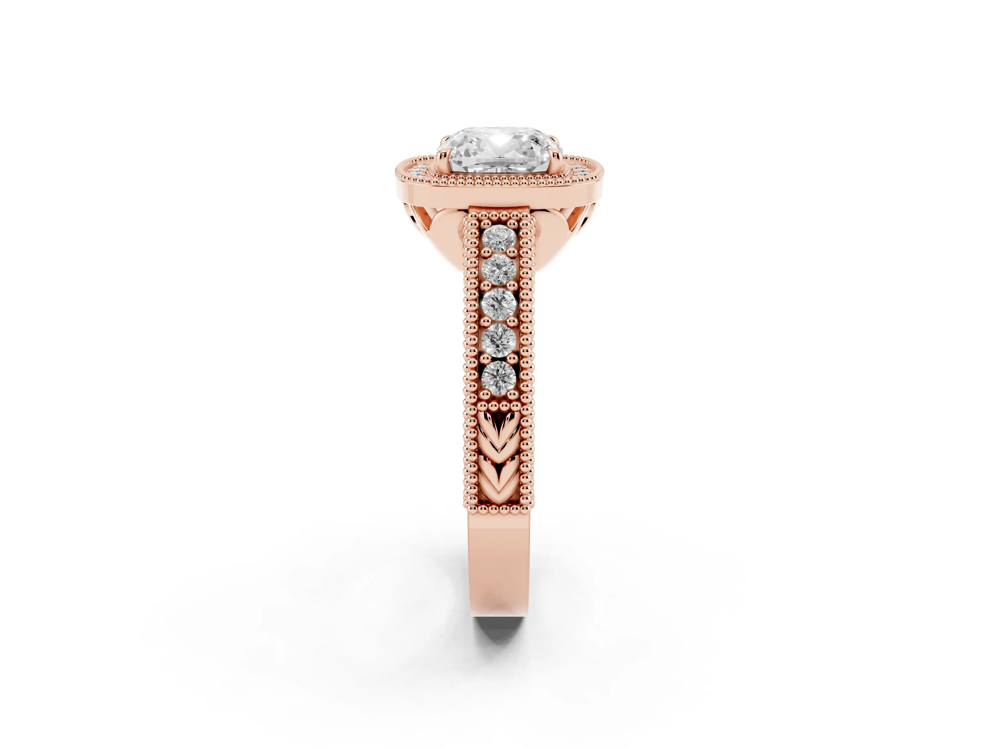 Cushion Cut Diamond Halo Ring Set in Rose gold with Round Accent Halo, Pavé Band and Prong Setting