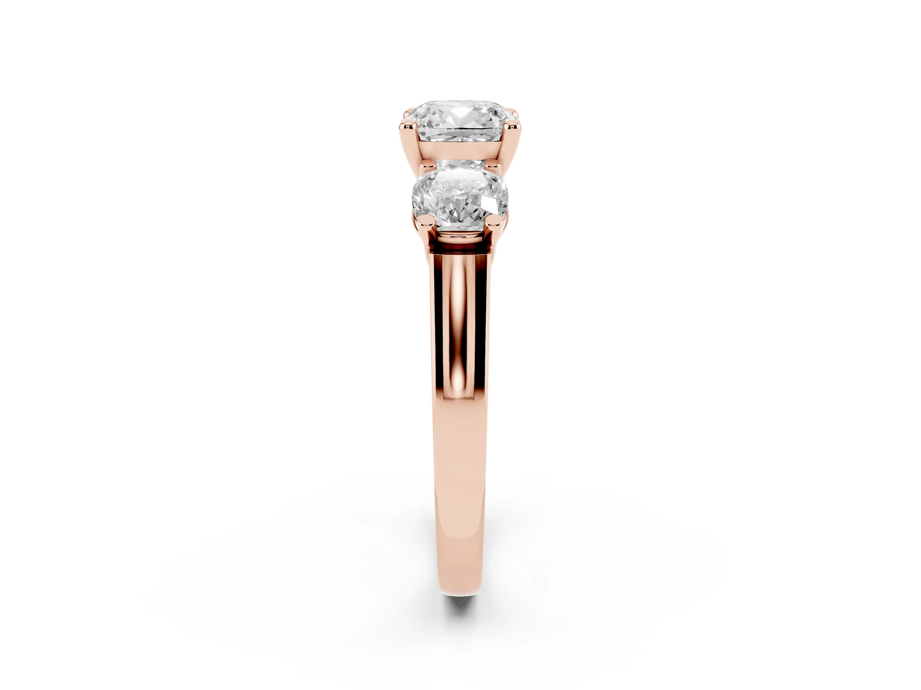 Cushion Cut Diamond Three-Stone Trellis Ring Set in Rose gold with Comfort Fit Band