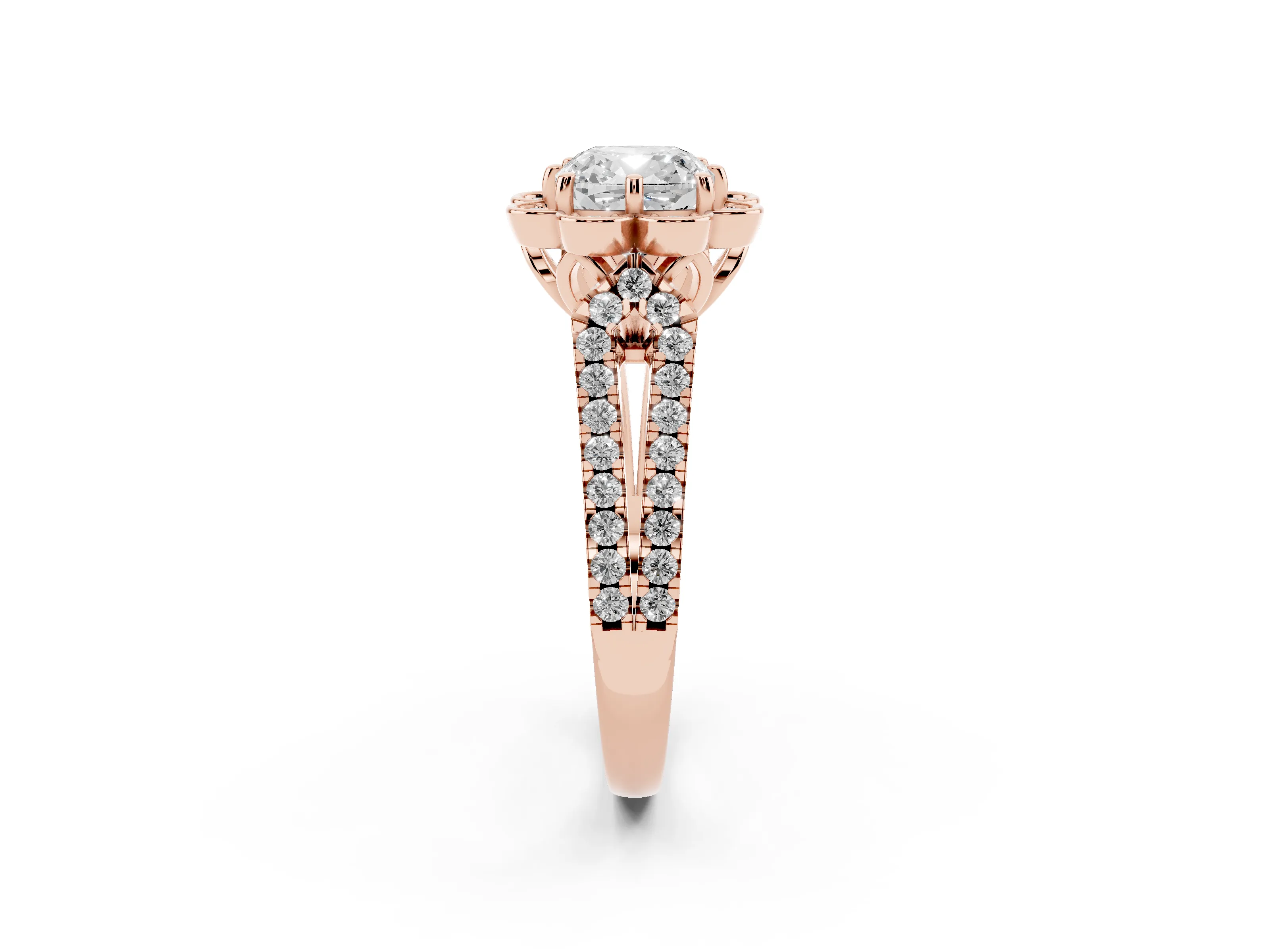 Cushion Cut Diamond Floral Halo Split Shank Engagement Ring Set in Rose gold with Pavé Shank