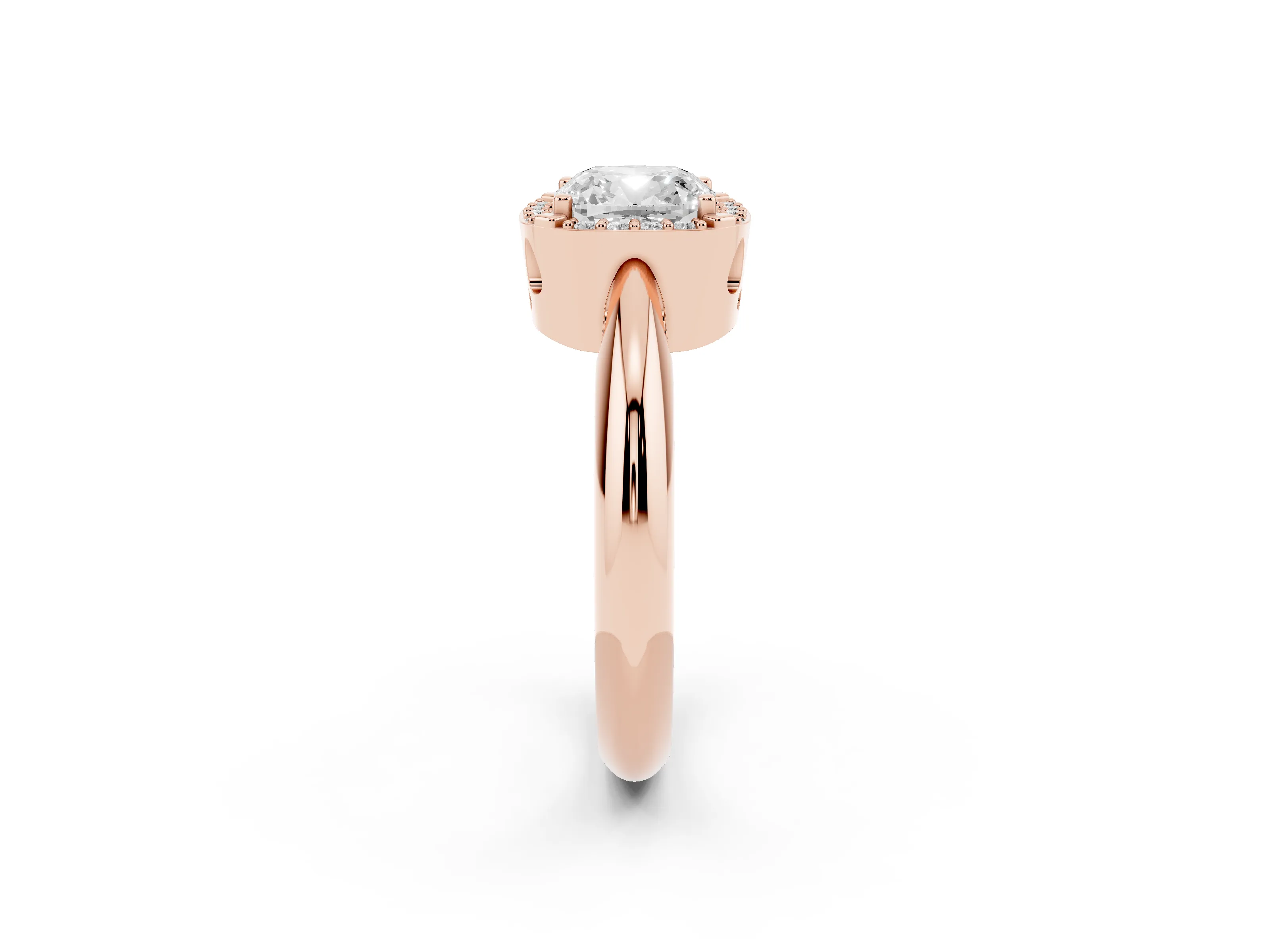 Cushion Cut Diamond Halo Engagement Ring Set in Rose gold with Plain Split Shank and Prong Setting