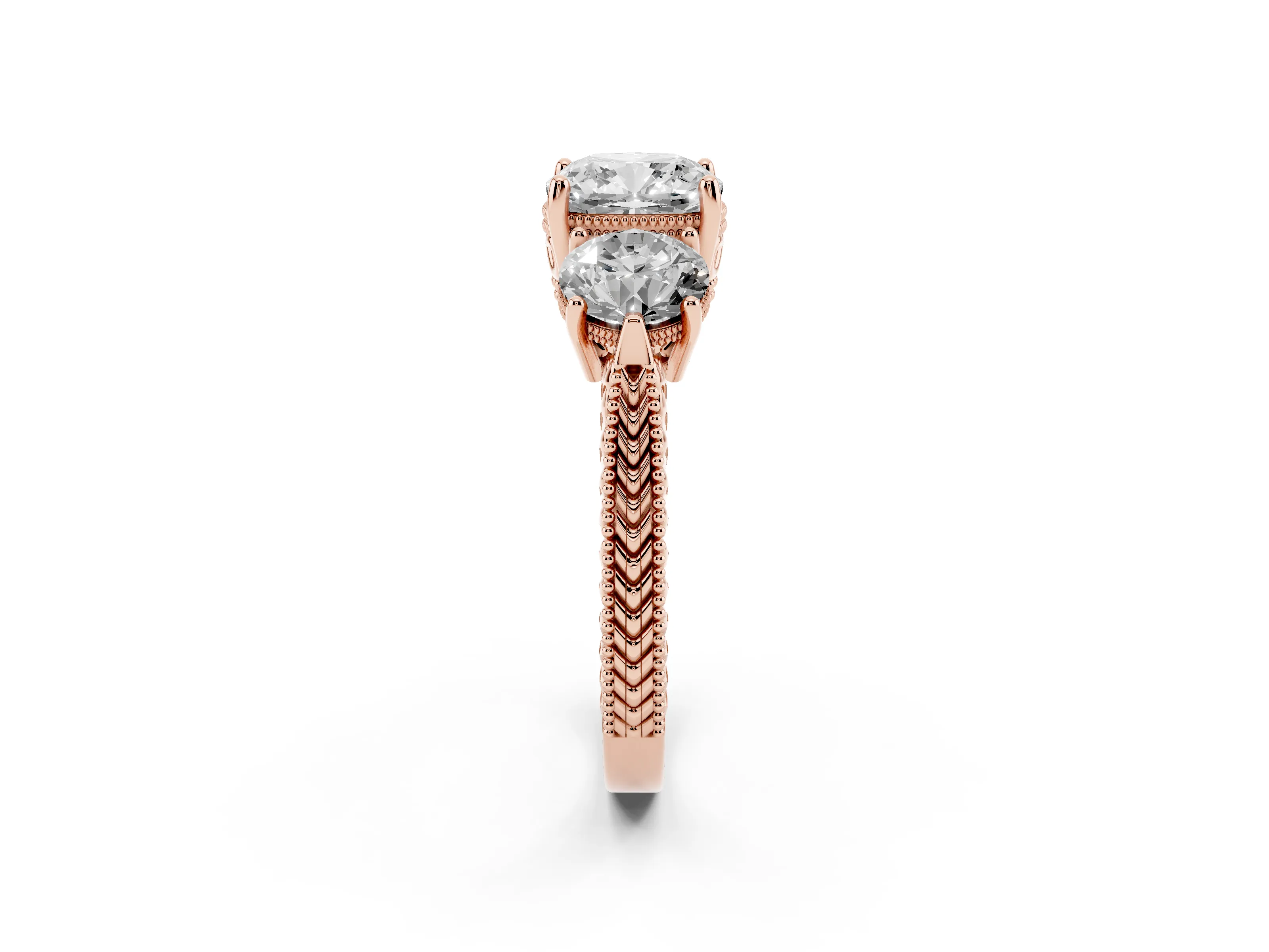 Cushion Cut Diamond Three-Stone Ring Set in Rose gold with Milgrain Band