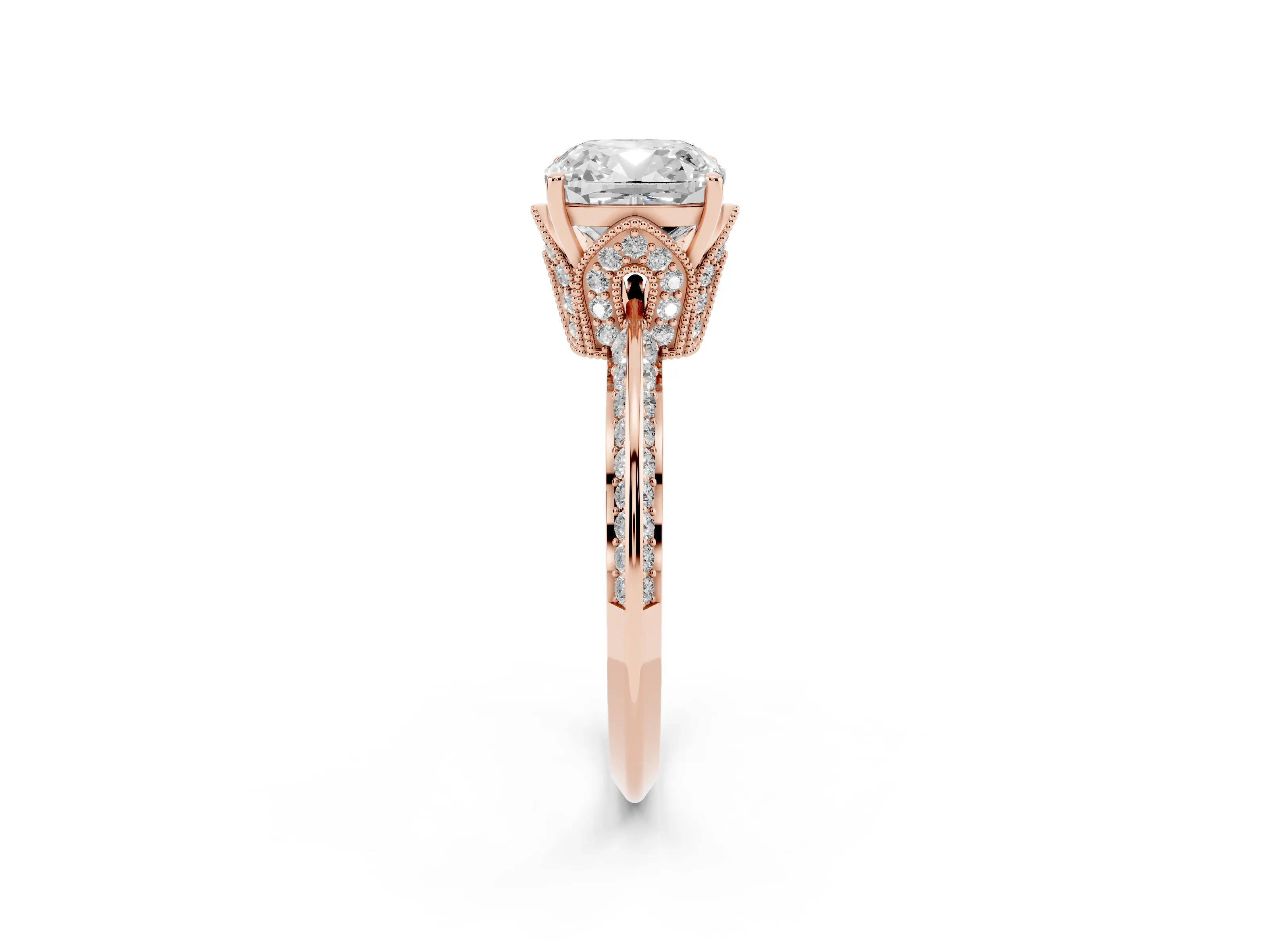 Cushion Cut Diamond Solitaire Engagement Ring Set in Rose gold with Pavé Split Shank and Prong Setting
