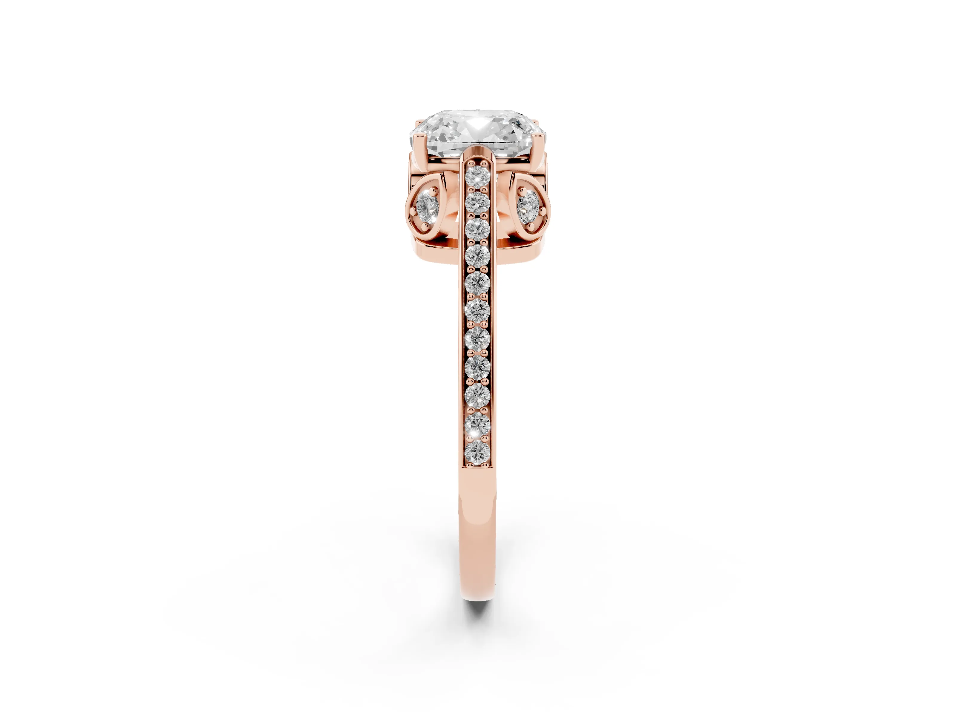 Cushion Cut Diamond Cathedral Pavé Engagement Ring Set in Rose gold with Prong Setting