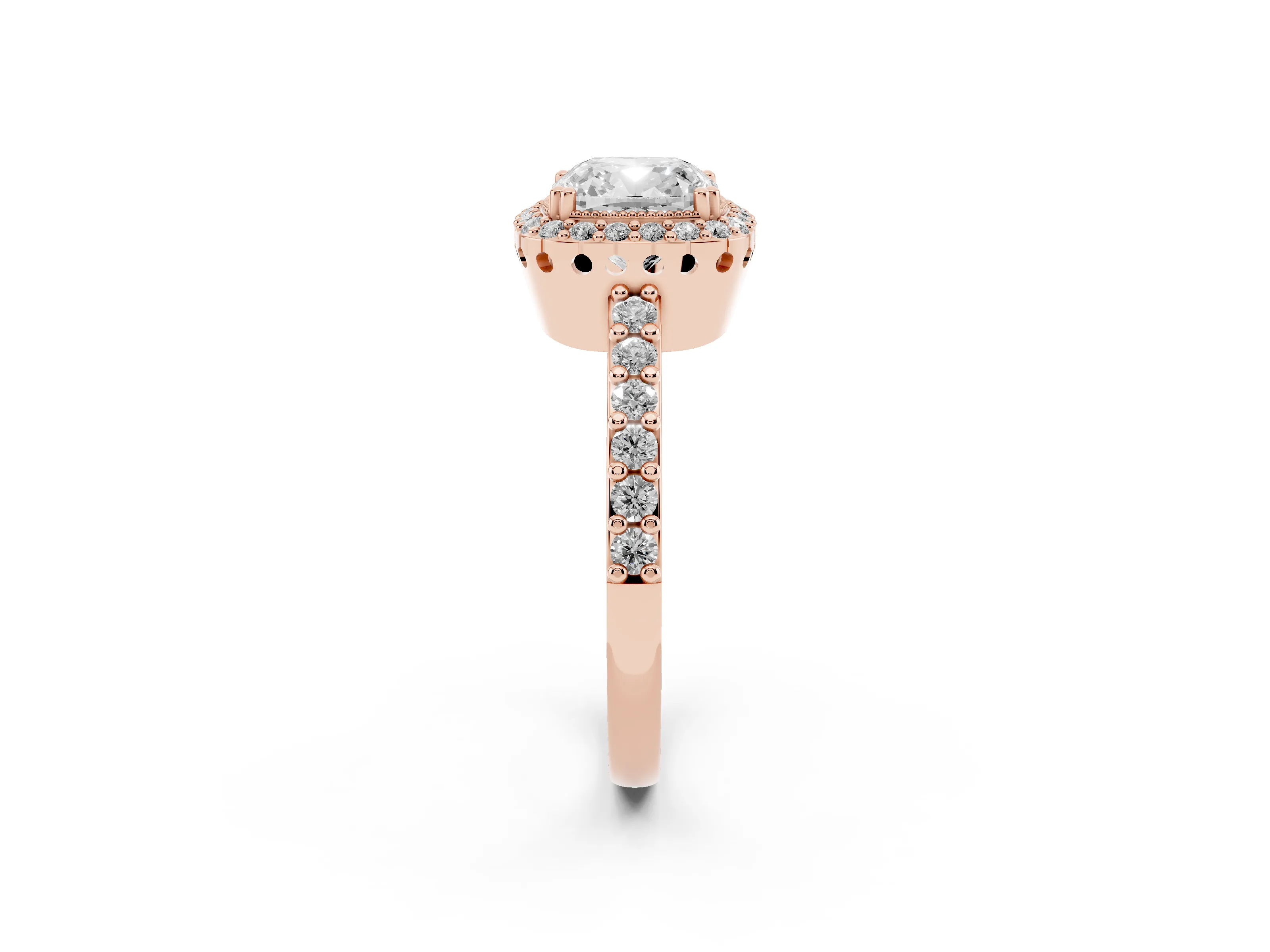Cushion Cut Diamond Halo Engagement Ring Set in Rose gold with Milgrain Detail and Pavé Band