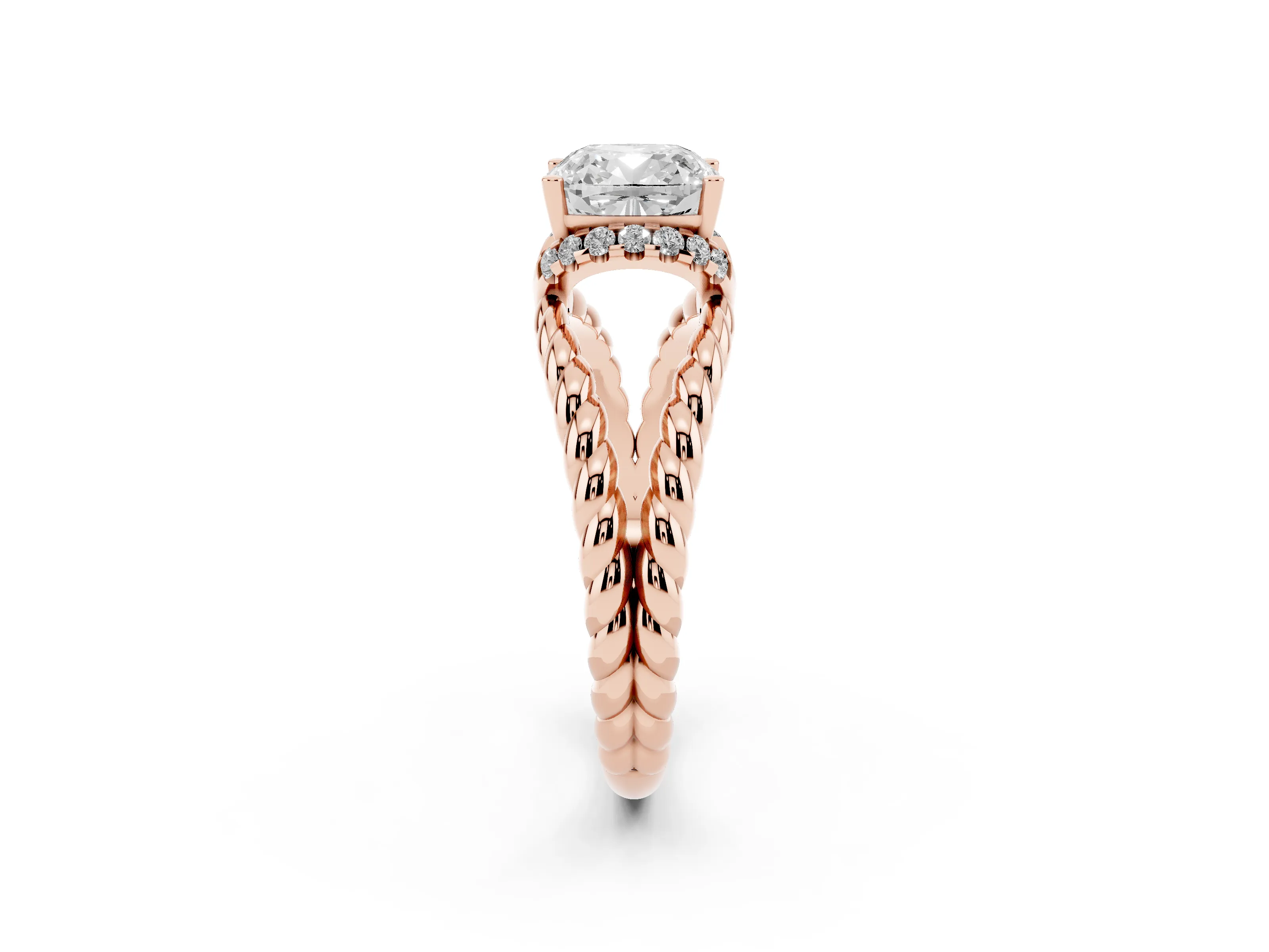Cushion Cut Diamond Halo Ring Set in Rose gold with Twisted Band and Prong Setting