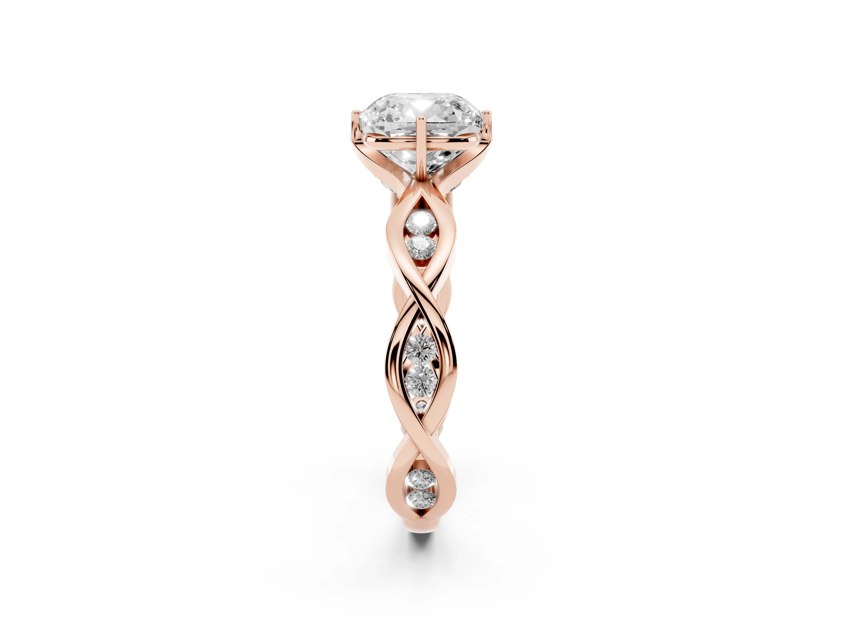 Cushion Cut Diamond Twist Band Solitaire Ring Set in Rose gold with Leaf Prong Setting and Accent Stones