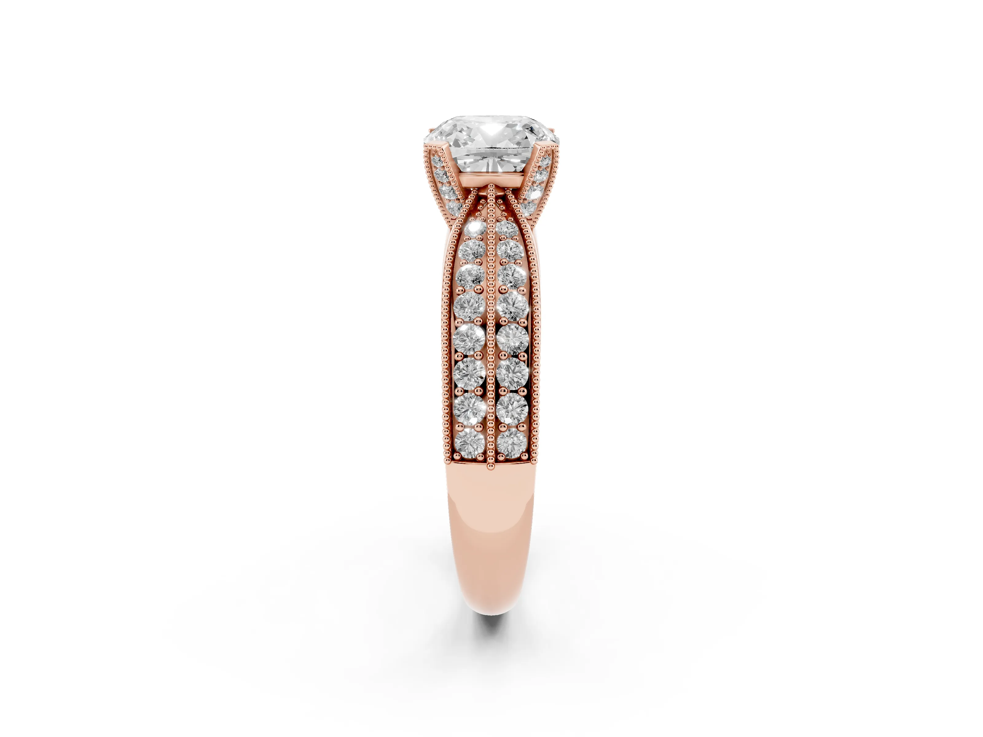 Cushion Cut Diamond Solitaire Ring Set in Rose gold with Milgrain Double Row Round Pavé Band