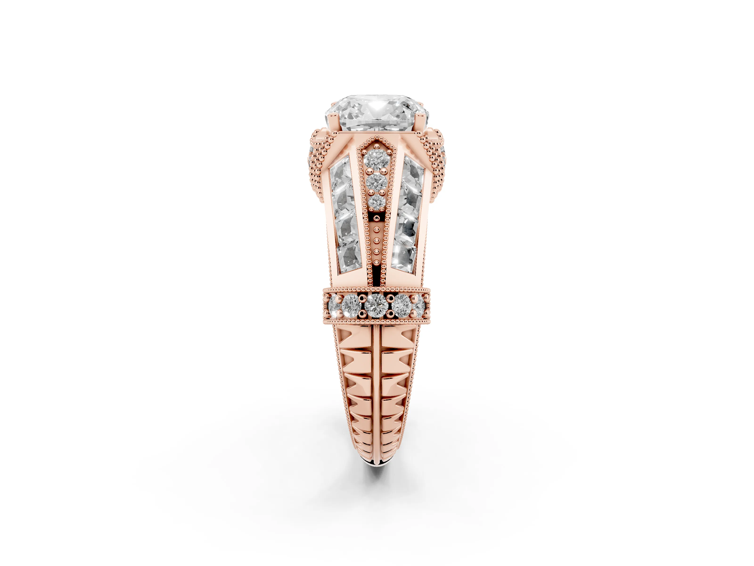 Cushion Cut Diamond Vintage-Inspired Milgrain Ring Set in Rose gold with Accent Split Shank