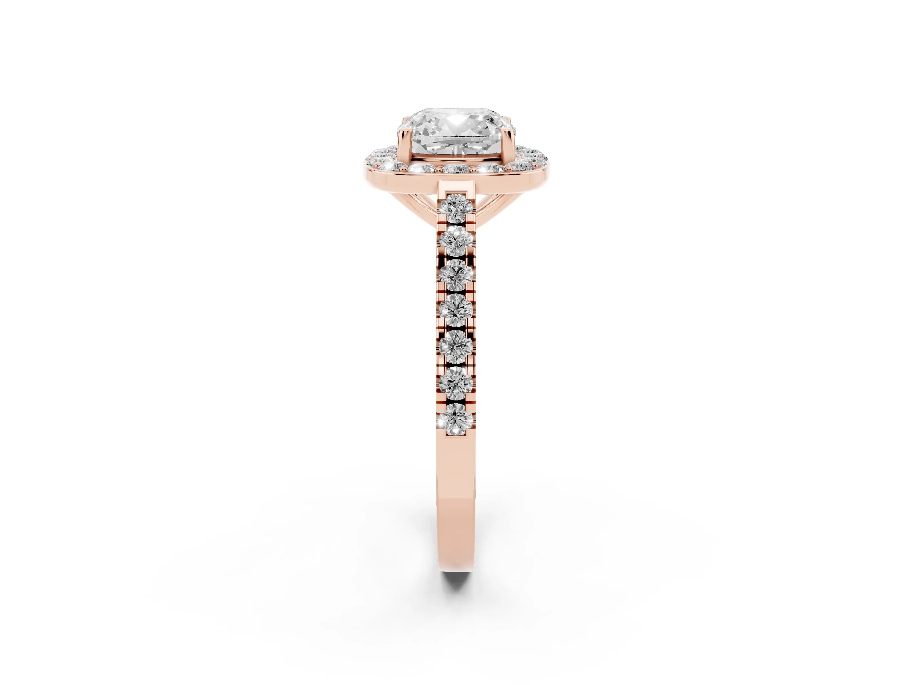 Cushion Cut Diamond Halo Ring Set in Rose gold with Round Pavé Split Shank and Prong Setting