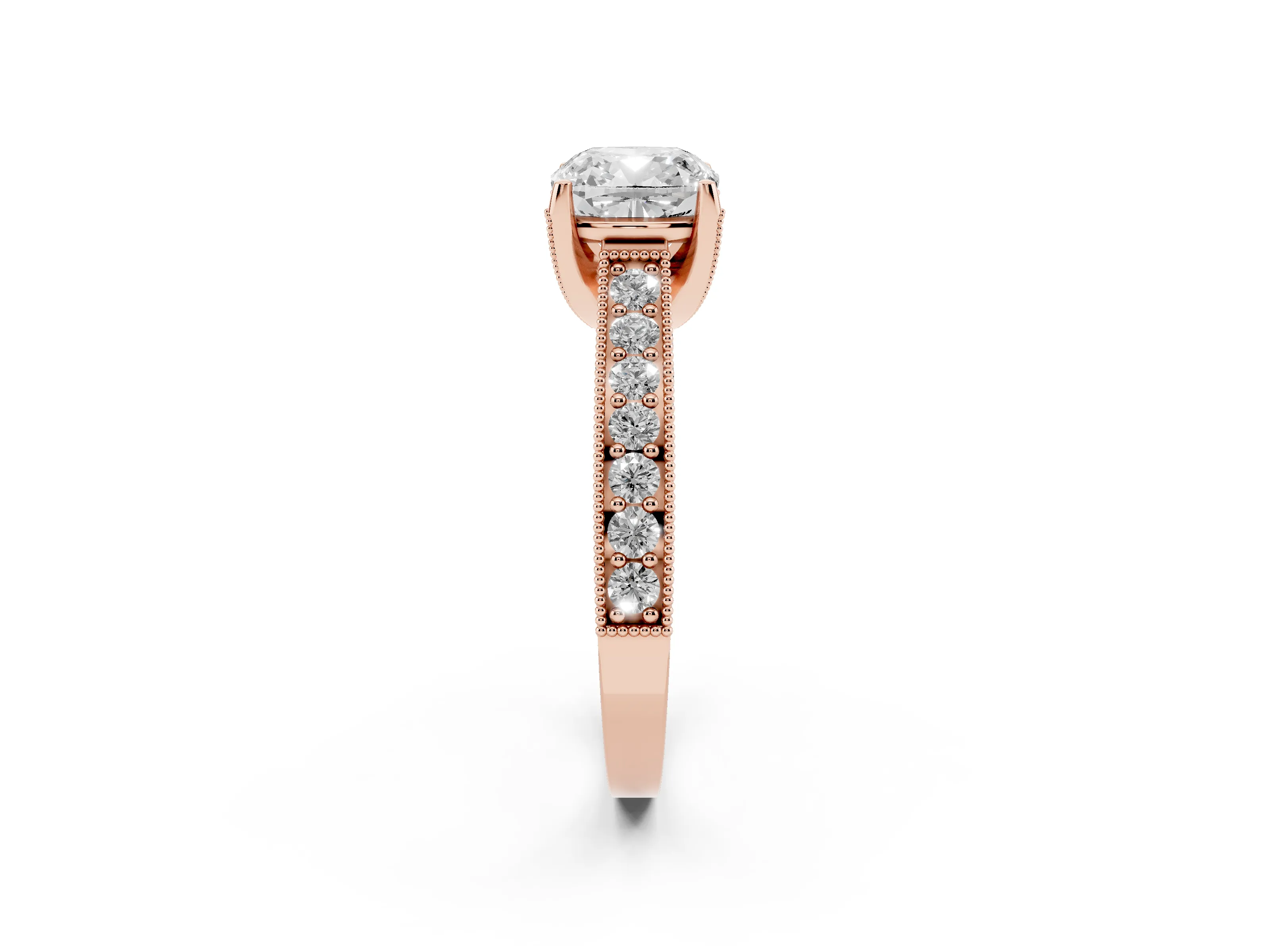 Cushion Cut Diamond Solitaire Ring Set in Rose gold with Milgrain-Edged Pavé Band and Prong Setting