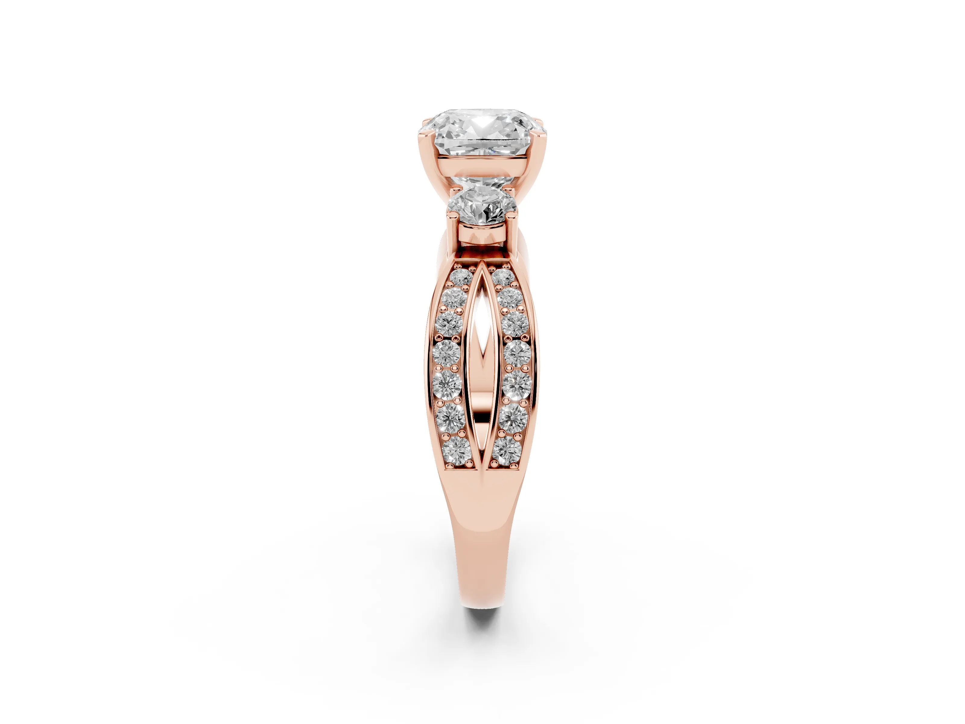 Three-Stone Cushion Cut Diamond Twist Band Ring Set in Rose gold with Pavé Accents and Prong Setting