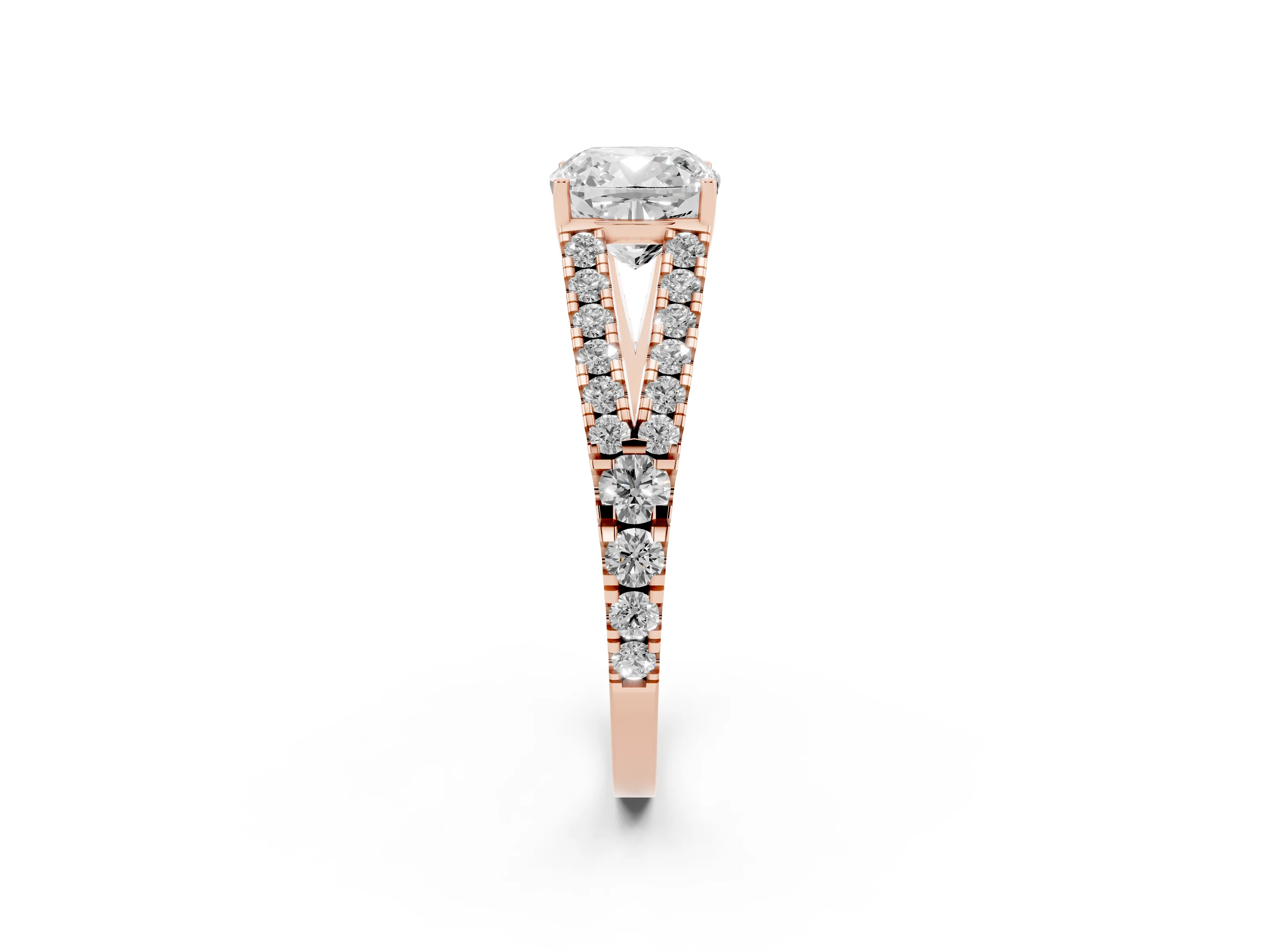 Cushion Cut Diamond Split Shank Pavé Engagement Ring Set in Rose gold with Prong-Held Center Stone
