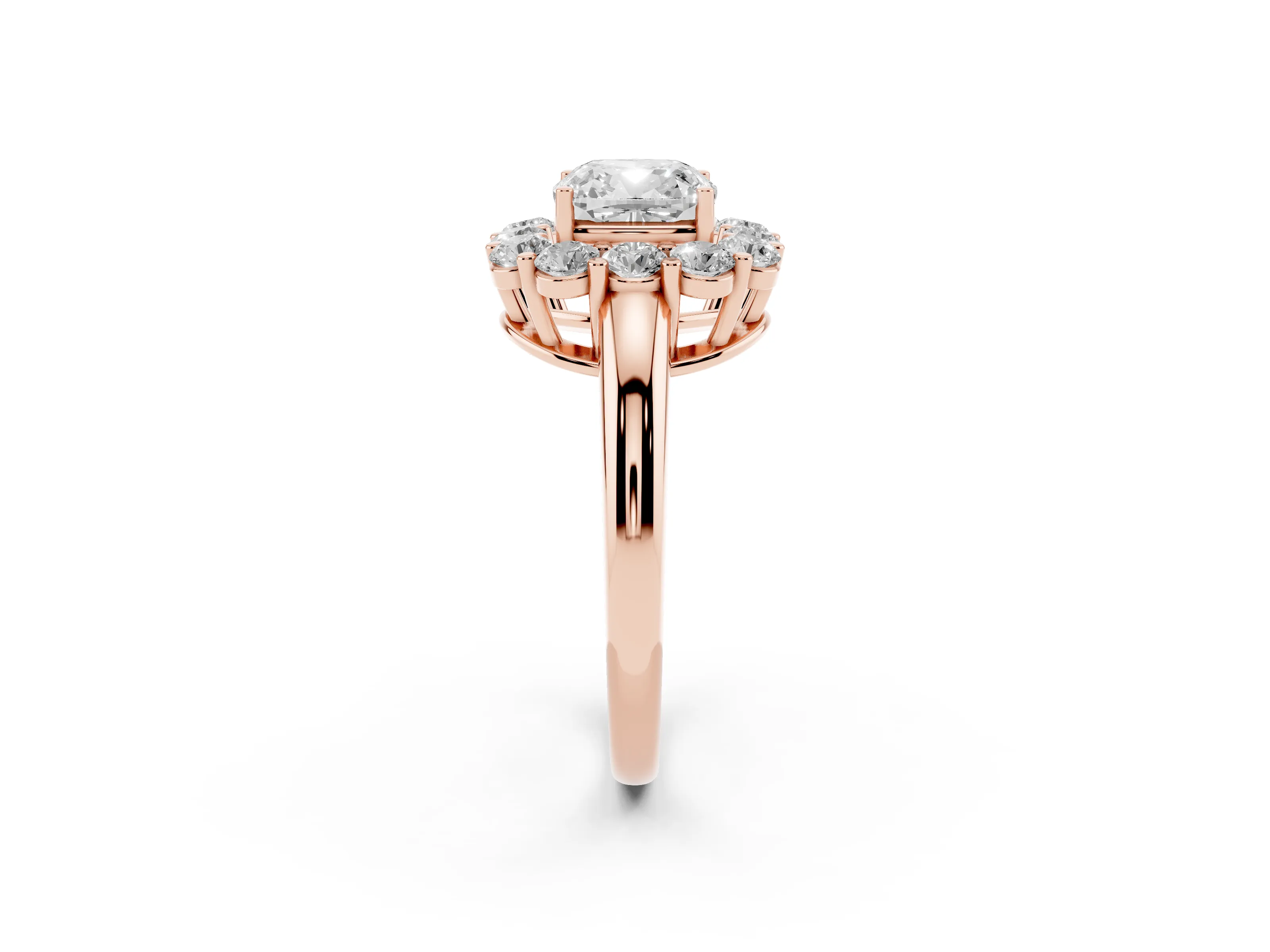 Cushion Cut Diamond Halo Cluster Engagement Ring Set in Rose gold with Polished Band and Prong Setting
