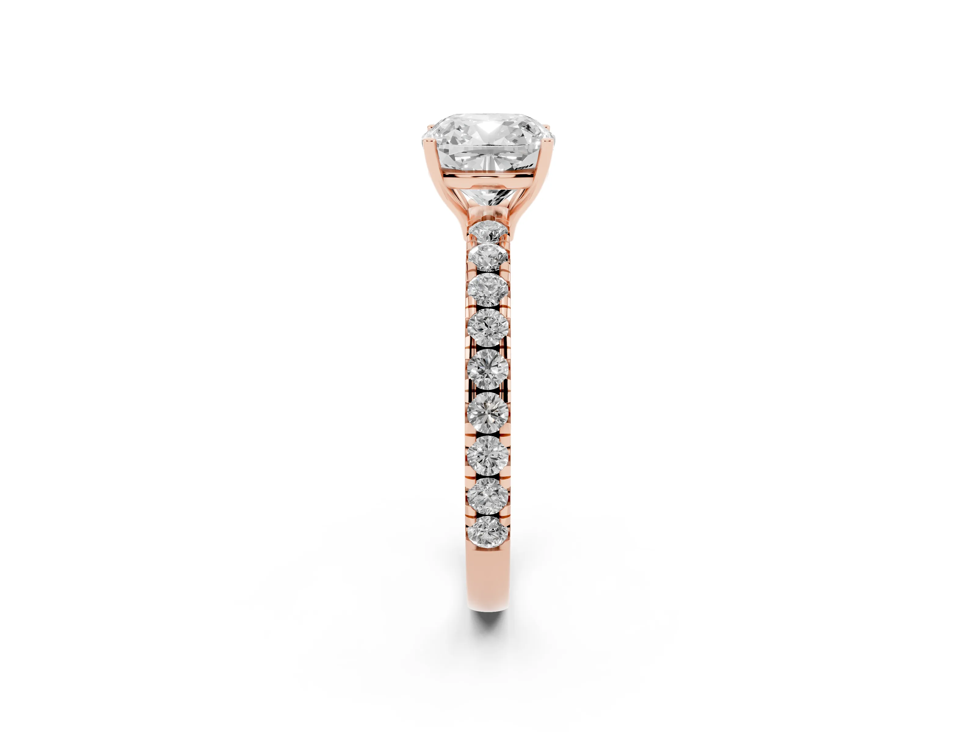 Cushion Cut Diamond Pavé Solitaire Engagement Ring Set in Rose gold with Prong Setting