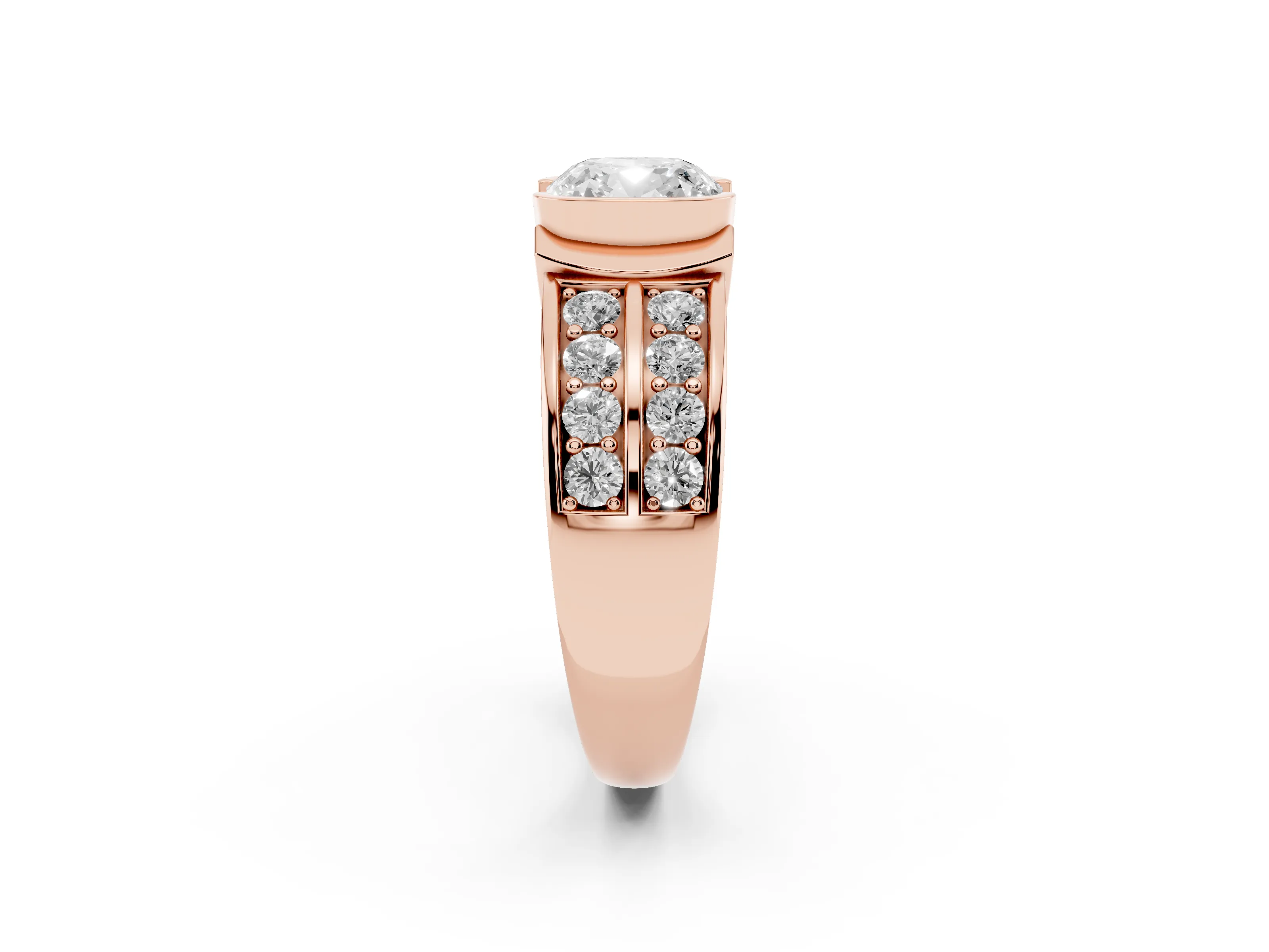 Cushion Cut Diamond Wide Channel Set Band Ring Set in Rose gold with Bezel Setting