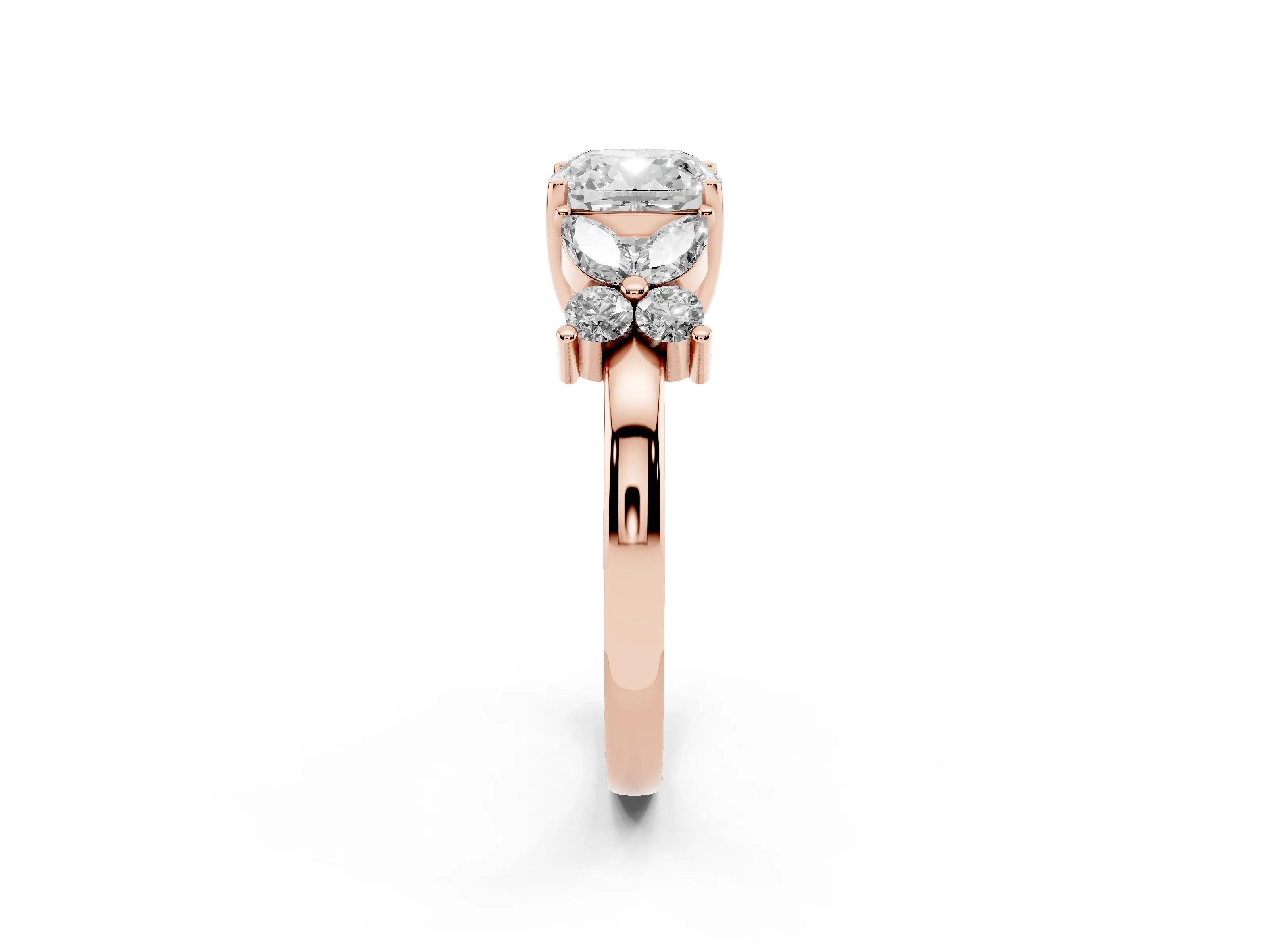 Cushion Cut Diamond Floral Cluster Ring Set in Rose gold with Marquise Petals and Prong Setting