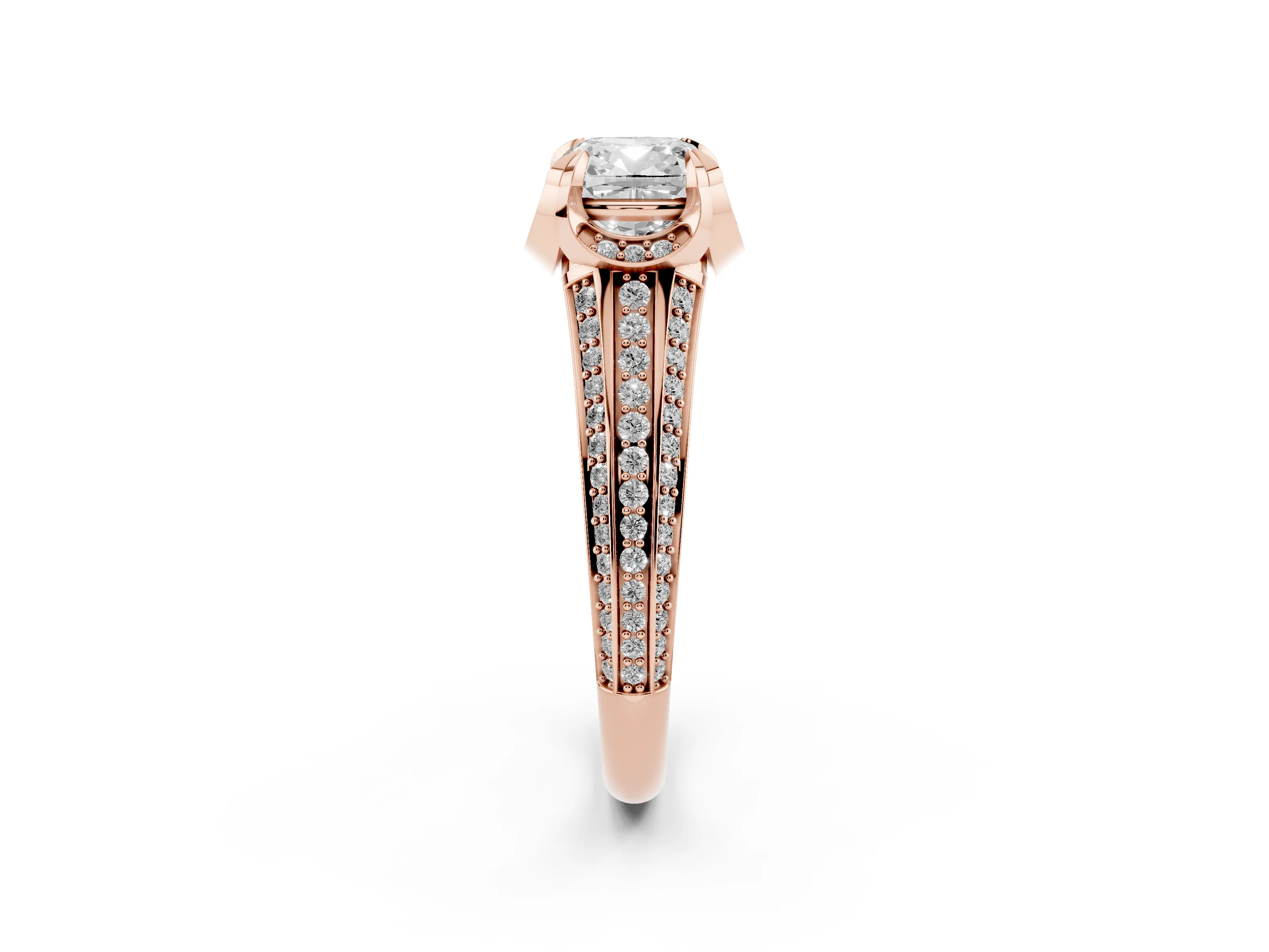 Cushion Cut Diamond Pavé Split Shank Solitaire Ring Set in Rose gold with Prong Setting