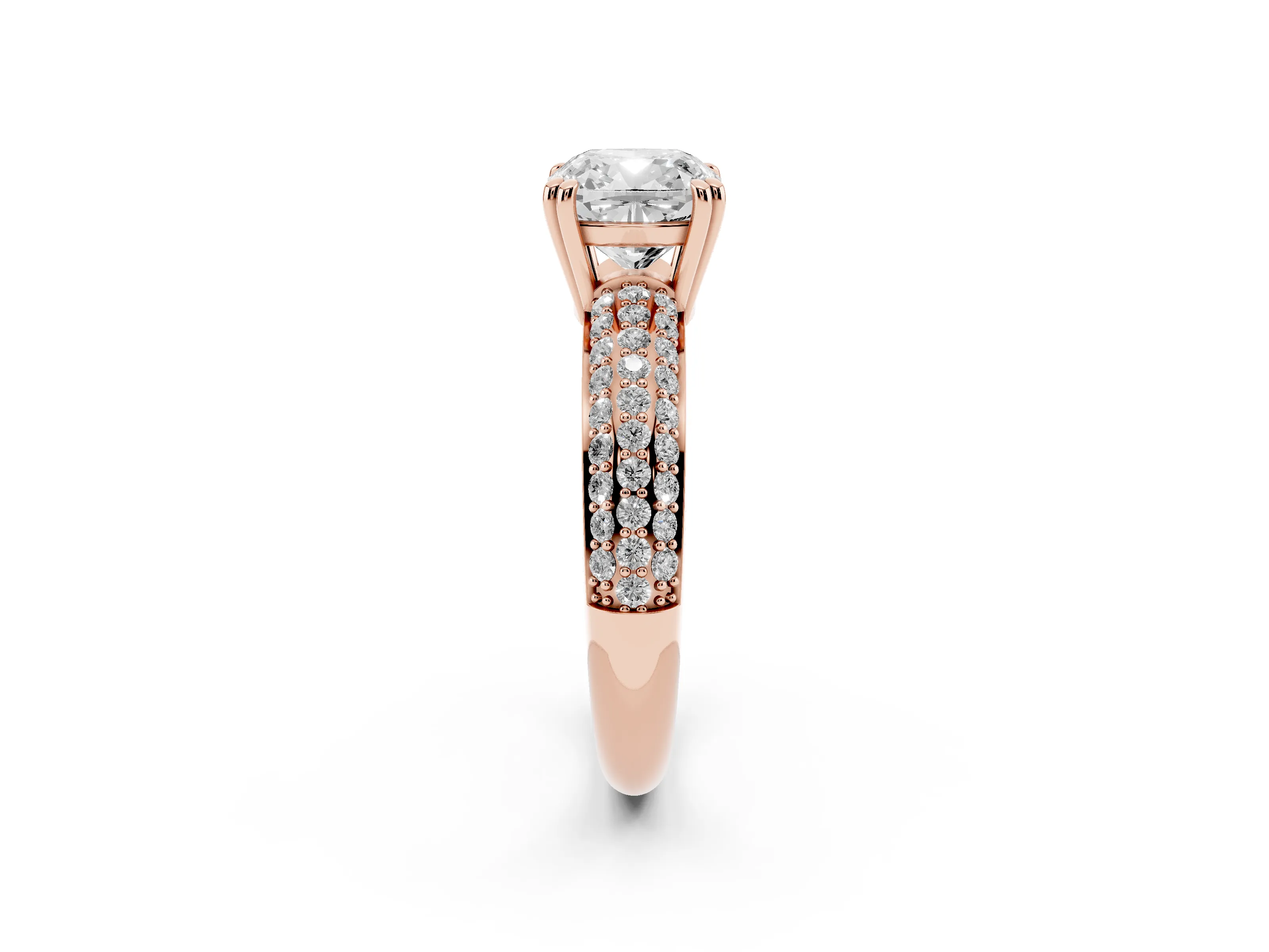 Cushion Cut Diamond Solitaire Ring Set in Rose gold with Multi-Row Round Pavé Band and Prong Setting