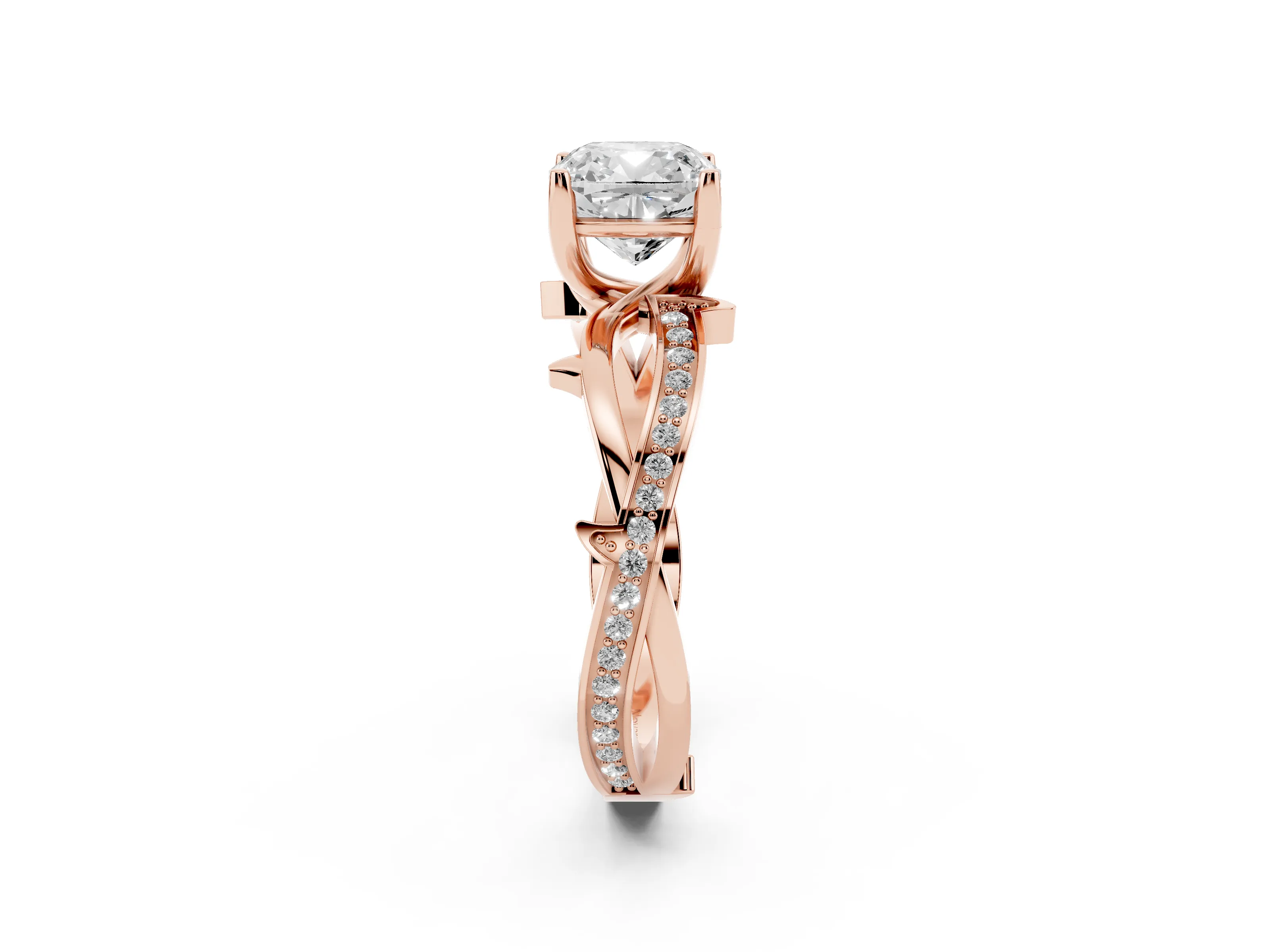 Cushion Cut Diamond Pavé Twist Band Solitaire Ring Set in Rose gold with Prong Setting