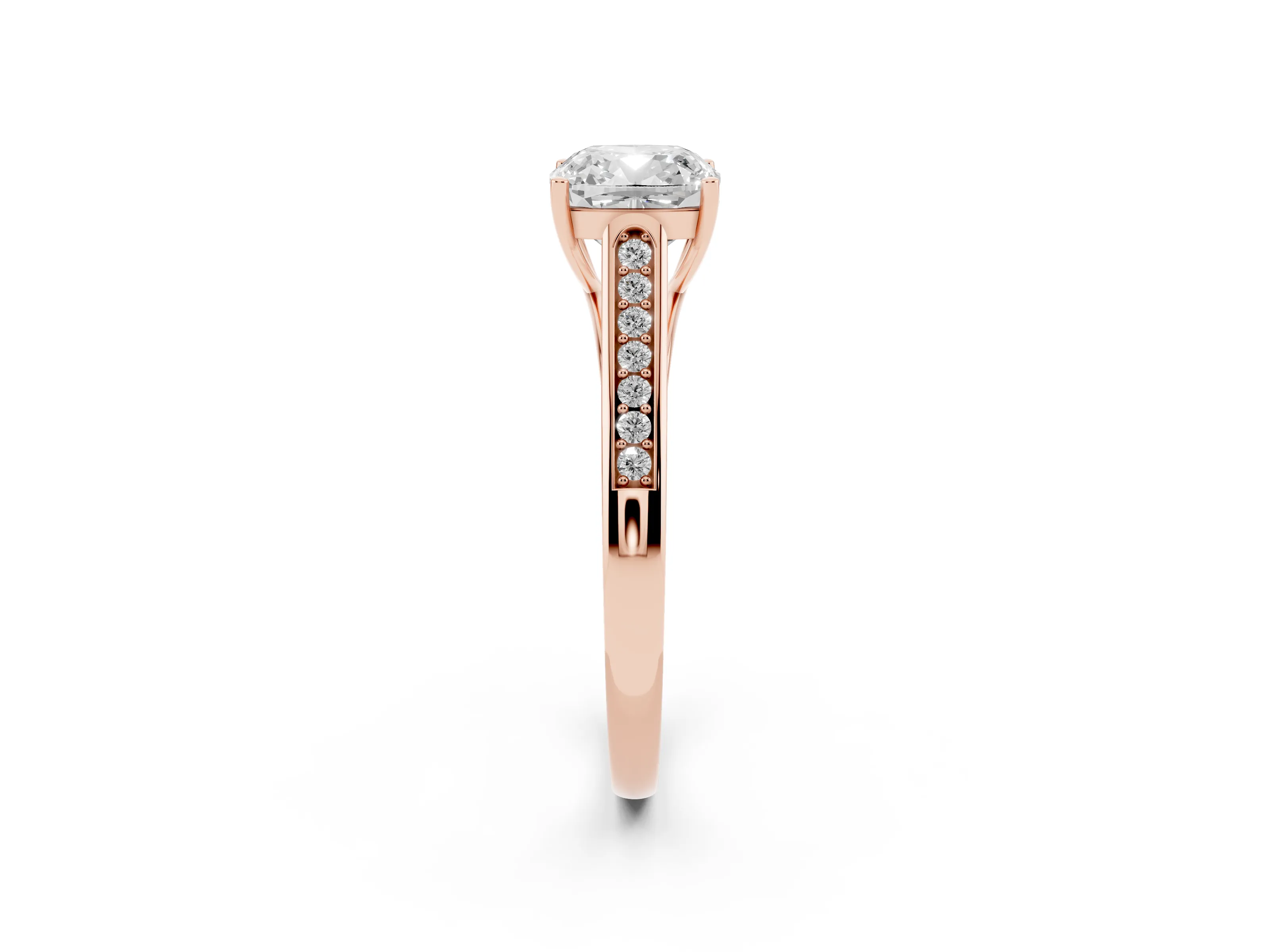 Cushion Cut Diamond Solitaire Cathedral Engagement Ring Set in Rose gold with Channel-Set Band and Prong Setting