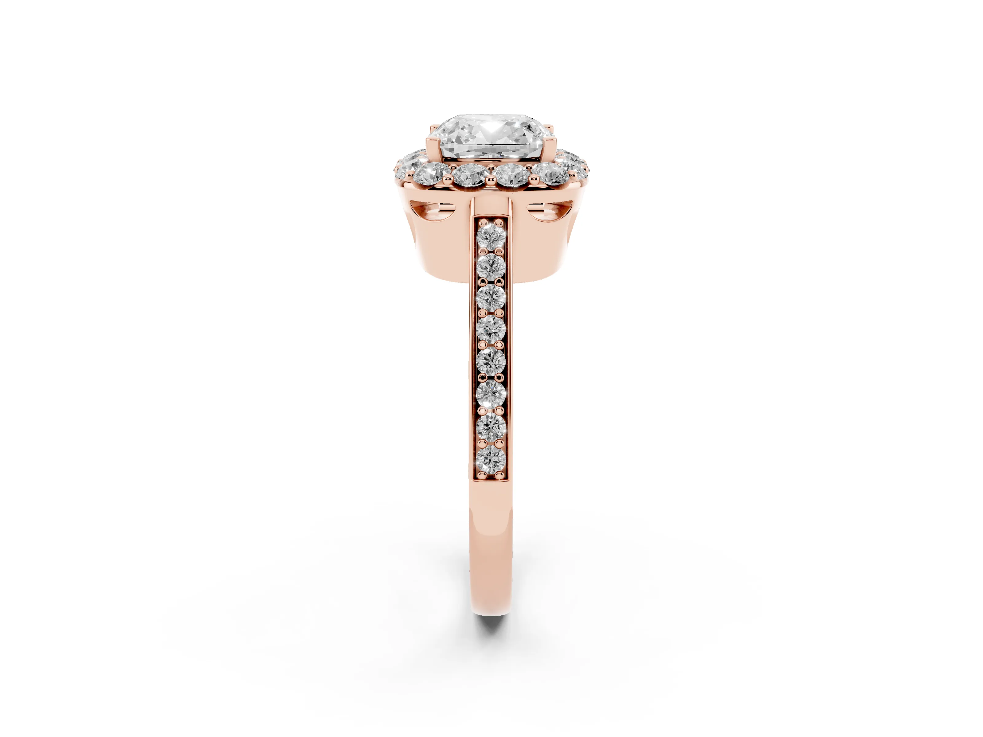 Cushion Cut Diamond Floral Halo Ring Set in Rose gold with Pavé Band and Prong Setting