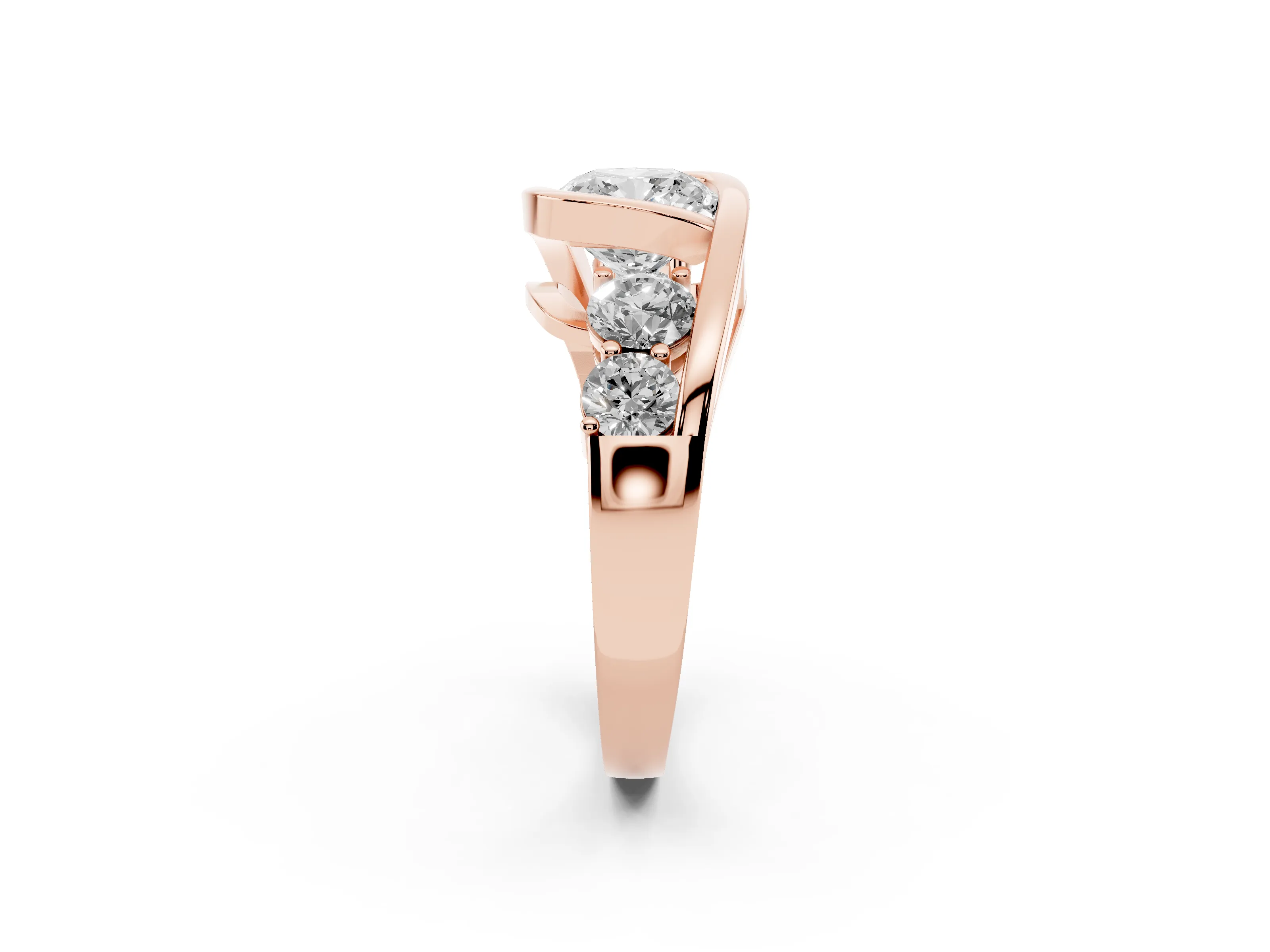 Cushion Cut Diamond Bezel Bypass Ring Set in Rose gold with Round Accents