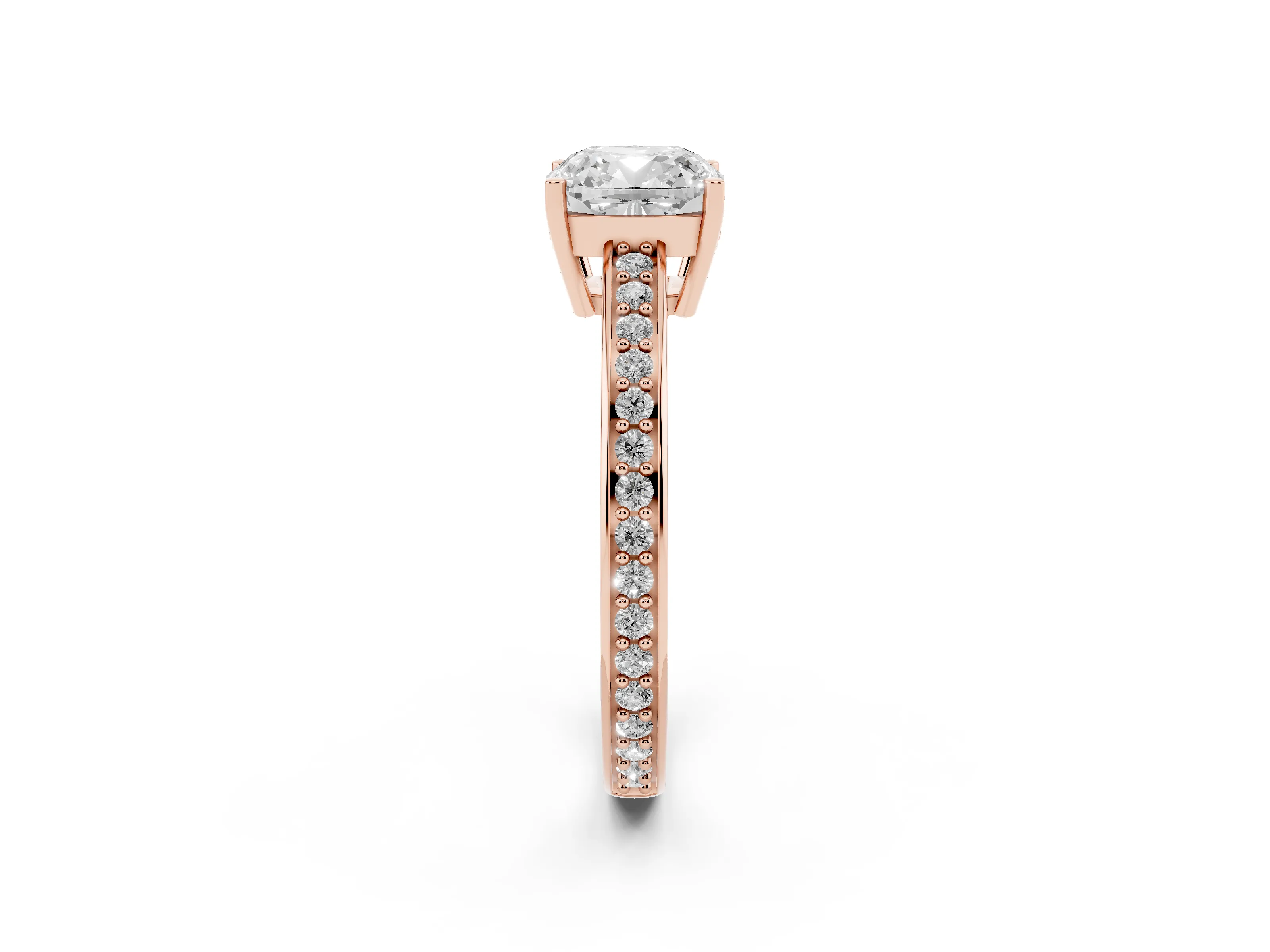 Cushion Cut Diamond Pavé Band Prong Set Solitaire Ring Set in Rose gold