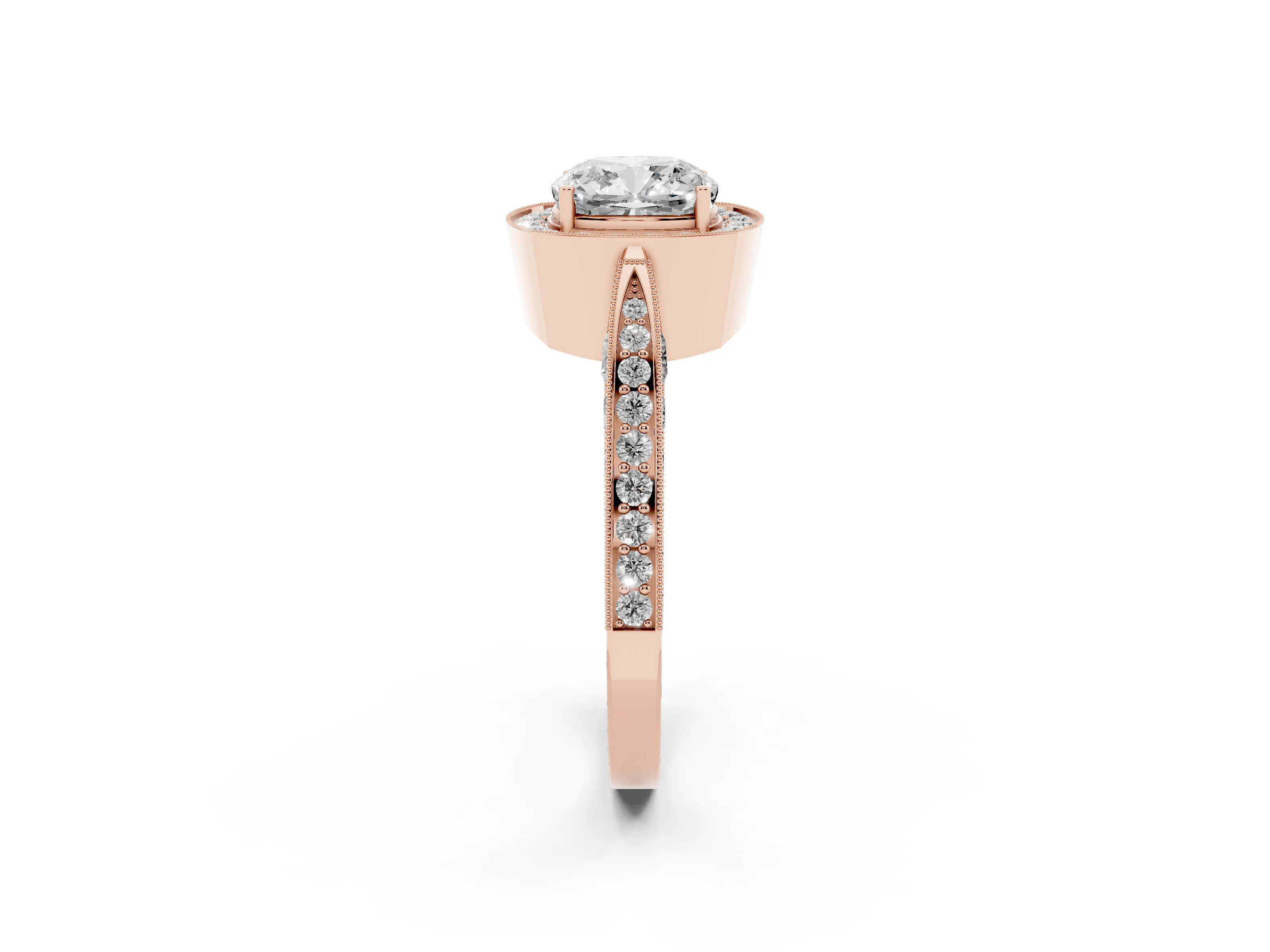 Cushion Cut Diamond Halo Engagement Ring Set in Rose gold with Accent Split Shank Band