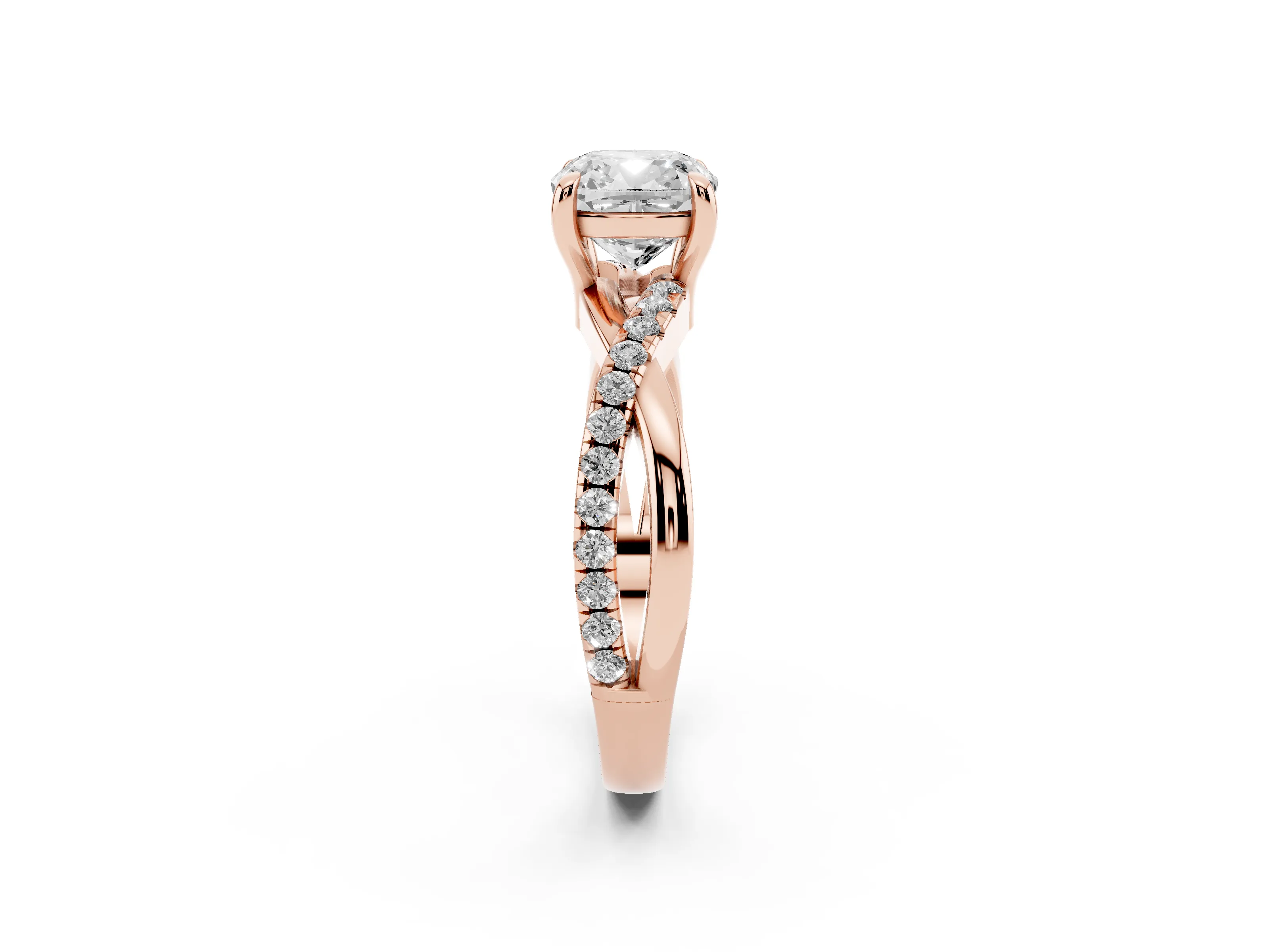 Cushion Cut Diamond Twist Band Pavé Solitaire Ring Set in Rose gold with Prong Setting