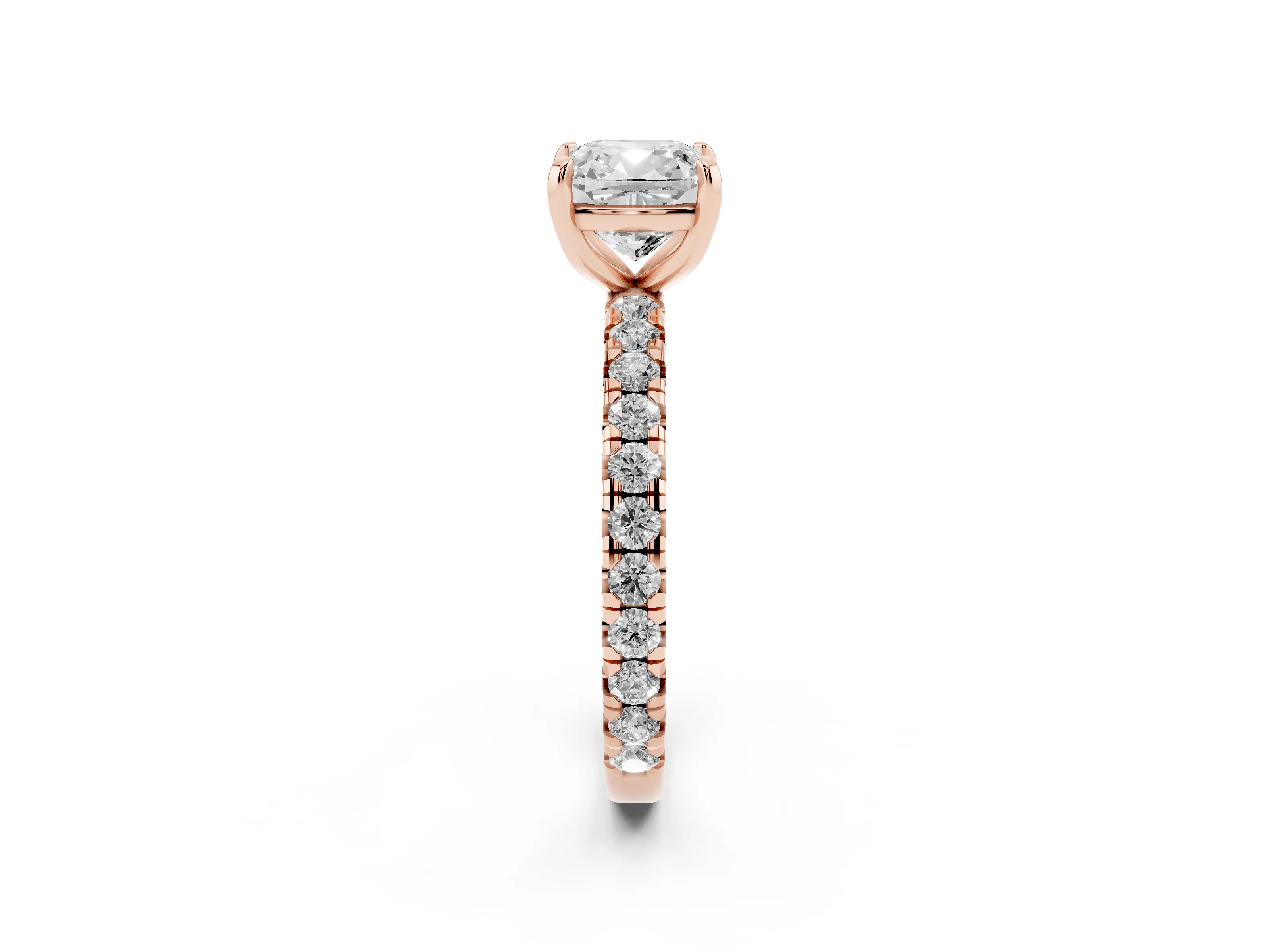 Cushion Cut Diamond Pavé Solitaire Ring Set in Rose gold with Round Band and Prong Setting