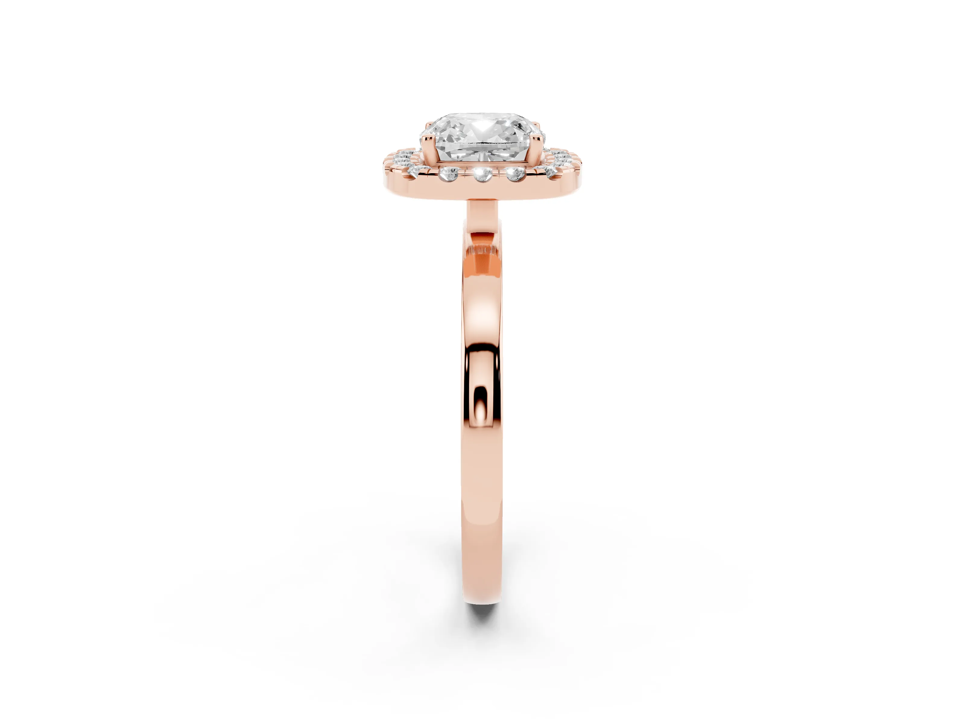 Cushion Cut Diamond Halo Solitaire Ring Set in Rose gold with Pavé Band and Prong Setting