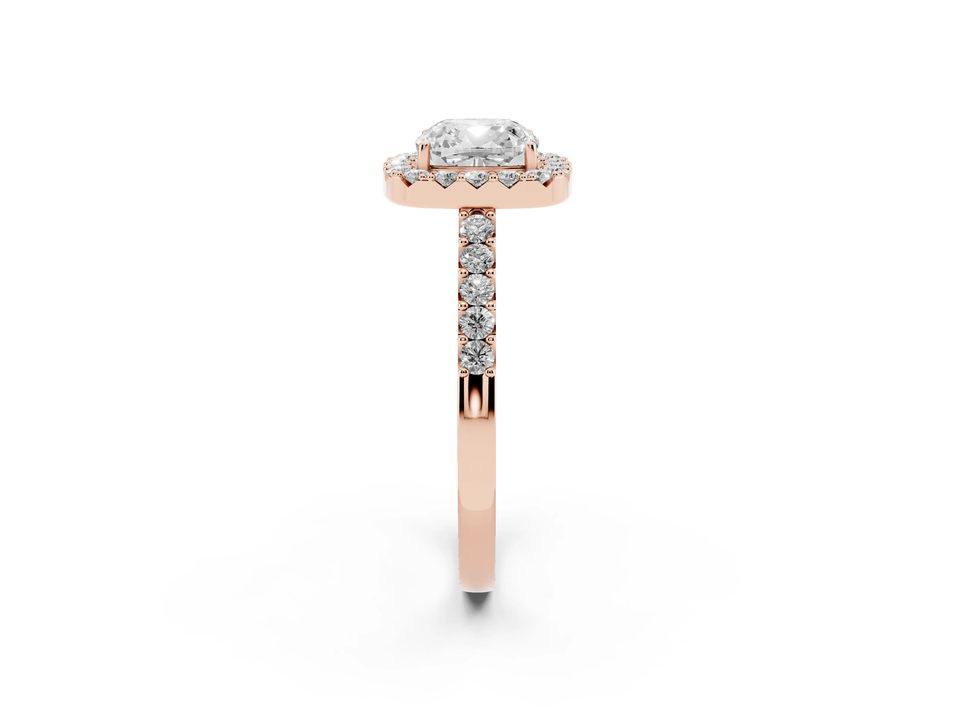 Cushion Cut Diamond Halo Pavé Solitaire Ring Set in Rose gold with Prong-Set Center Stone