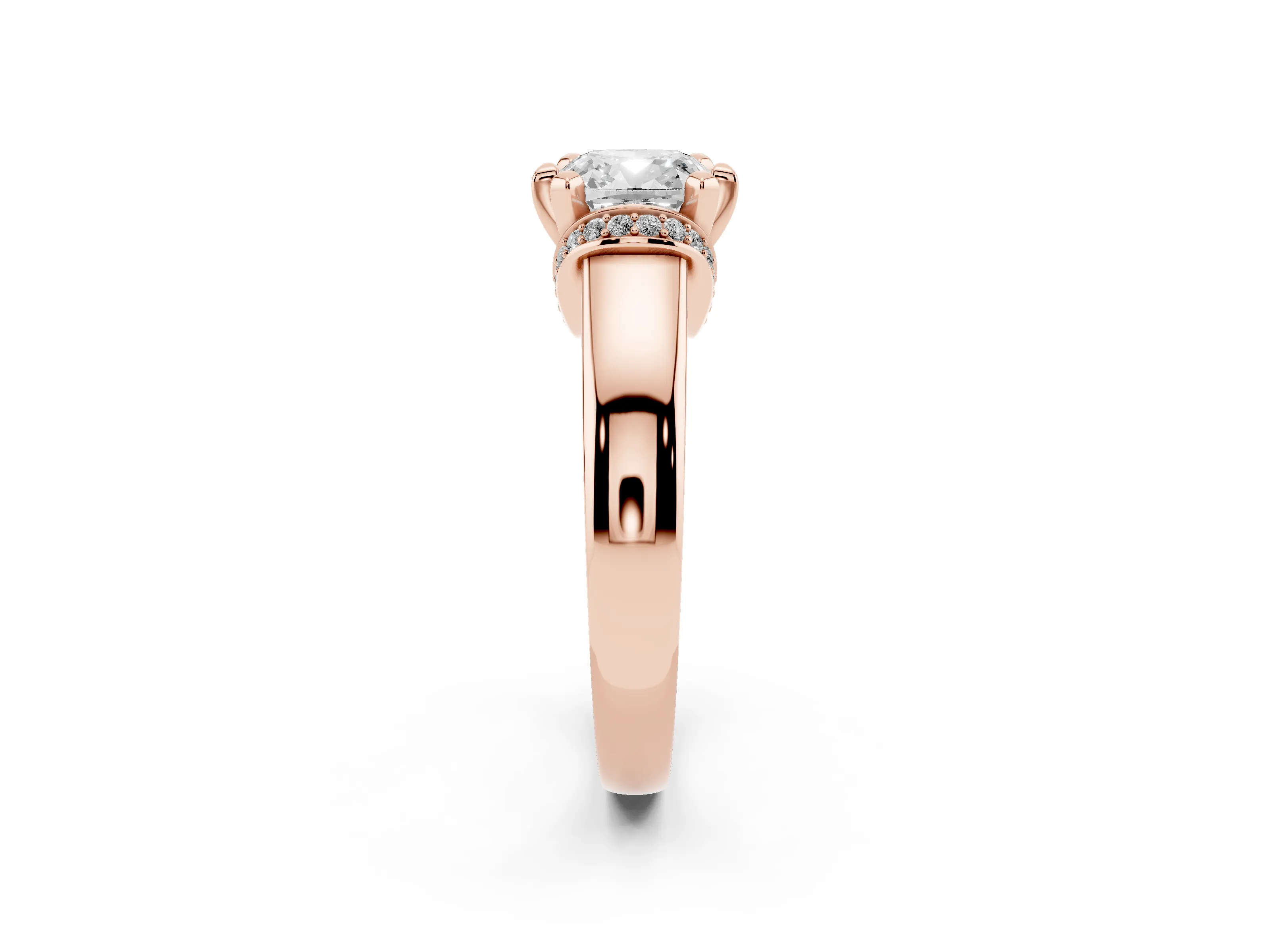 Cushion Cut Diamond Pavé Band Solitaire Ring Set in Rose gold with Prong Setting