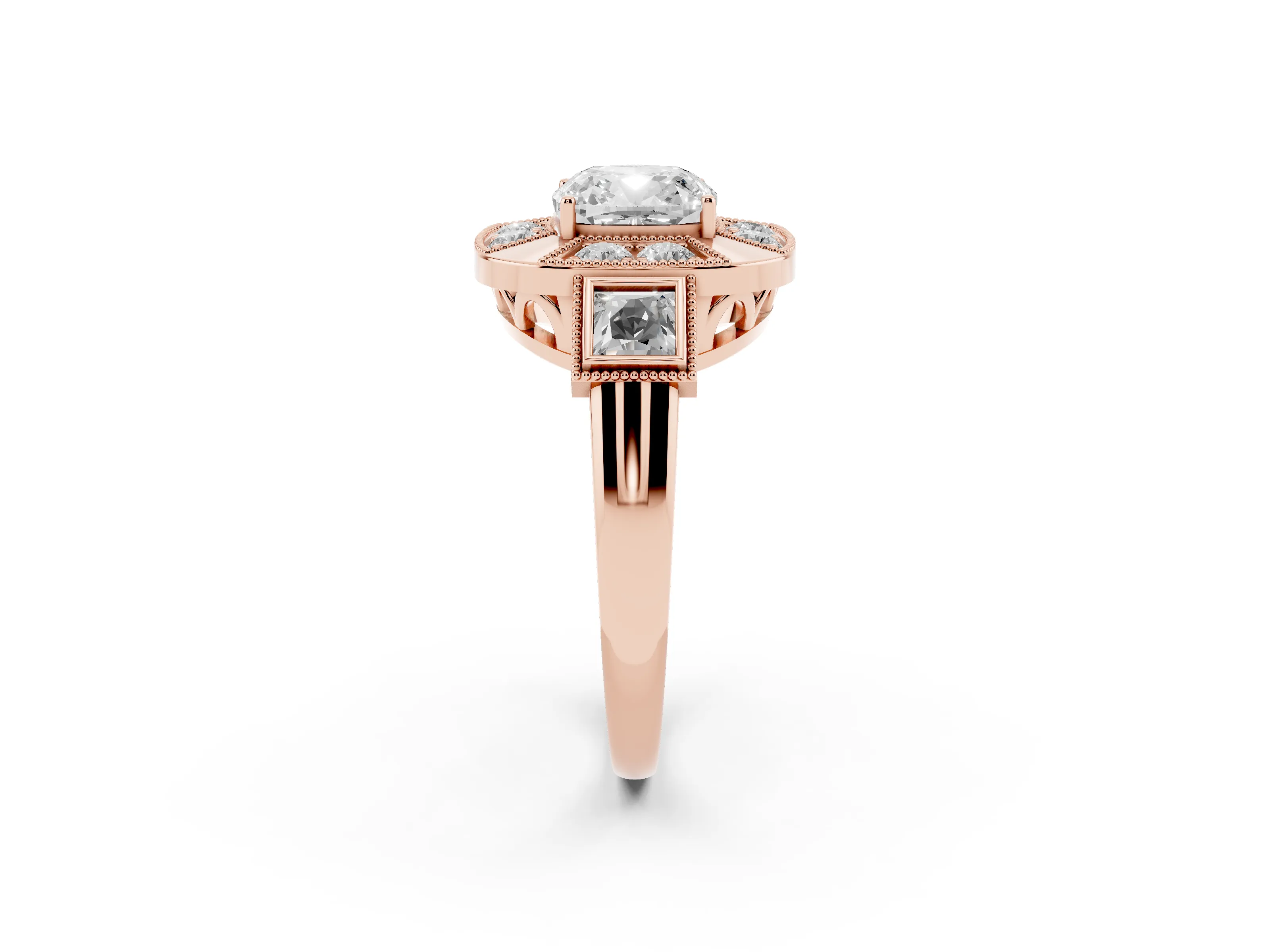Cushion Cut Diamond Milgrain Halo Ring Set in Rose gold with Split Shank