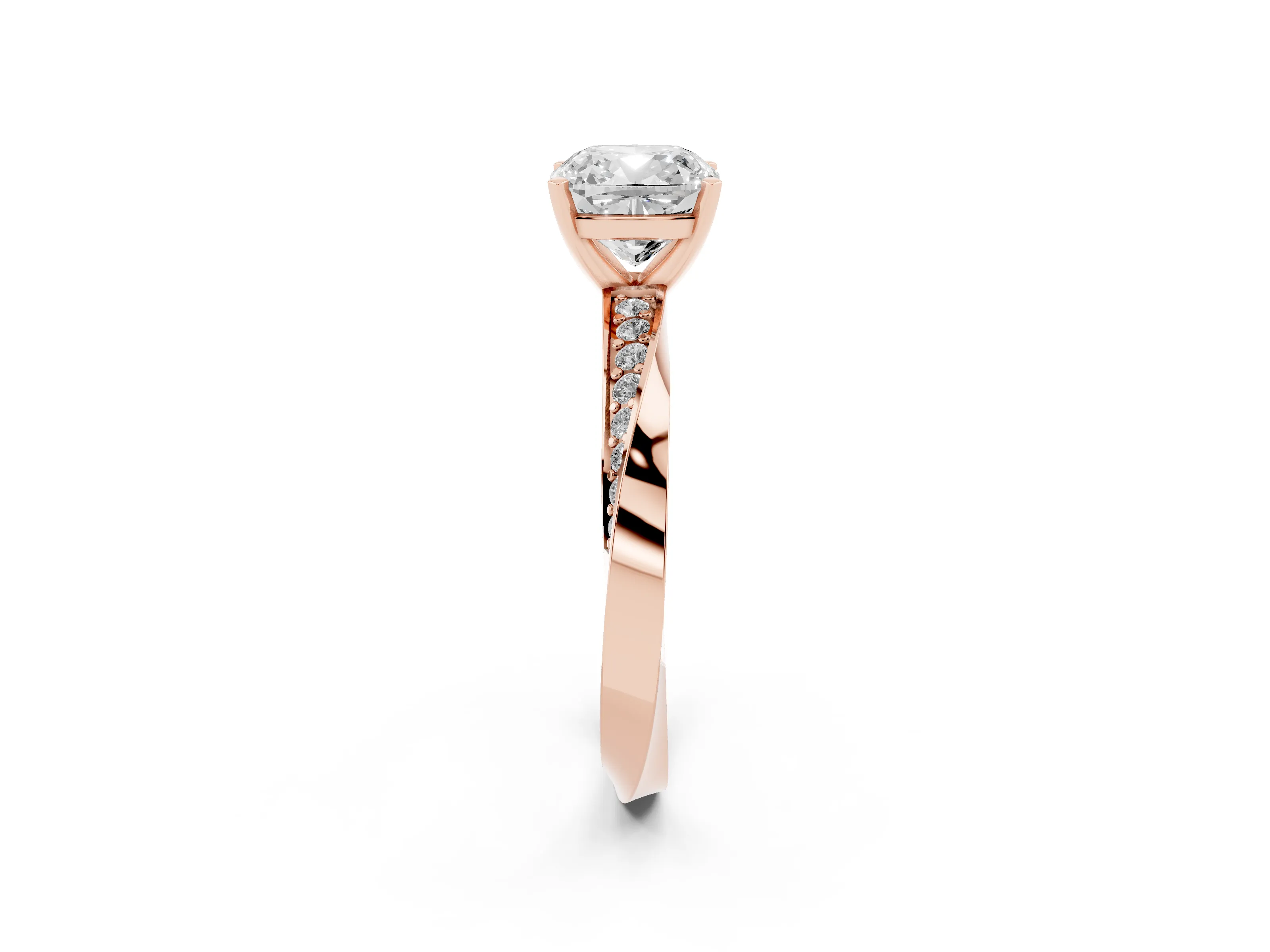 Cushion Cut Diamond Engagement Ring Set in Rose gold with Side Stone Accents and Prong Setting