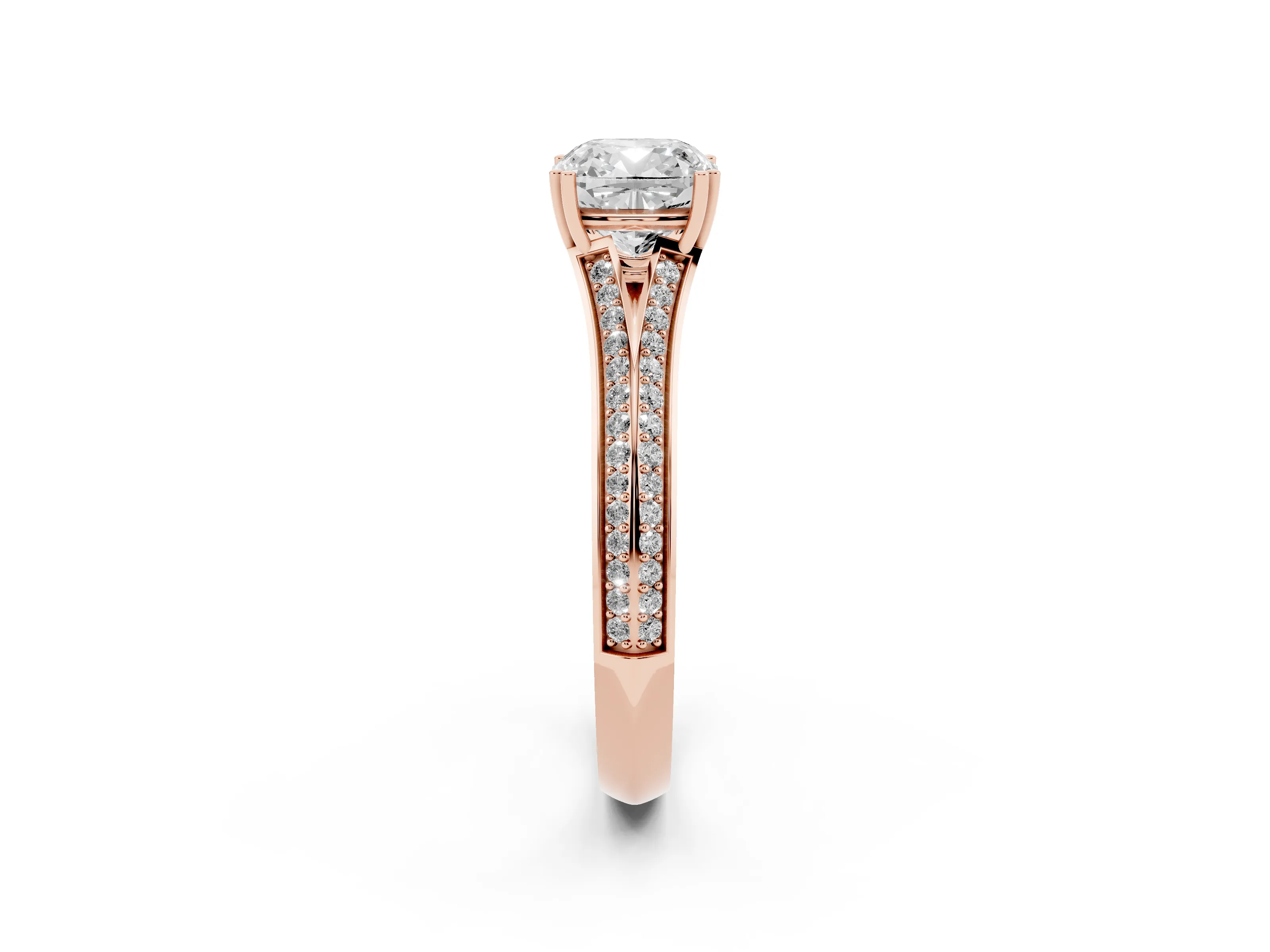 Cushion Cut Diamond Split Shank Pavé Engagement Ring Set in Rose gold with Prong-Set Center Stone