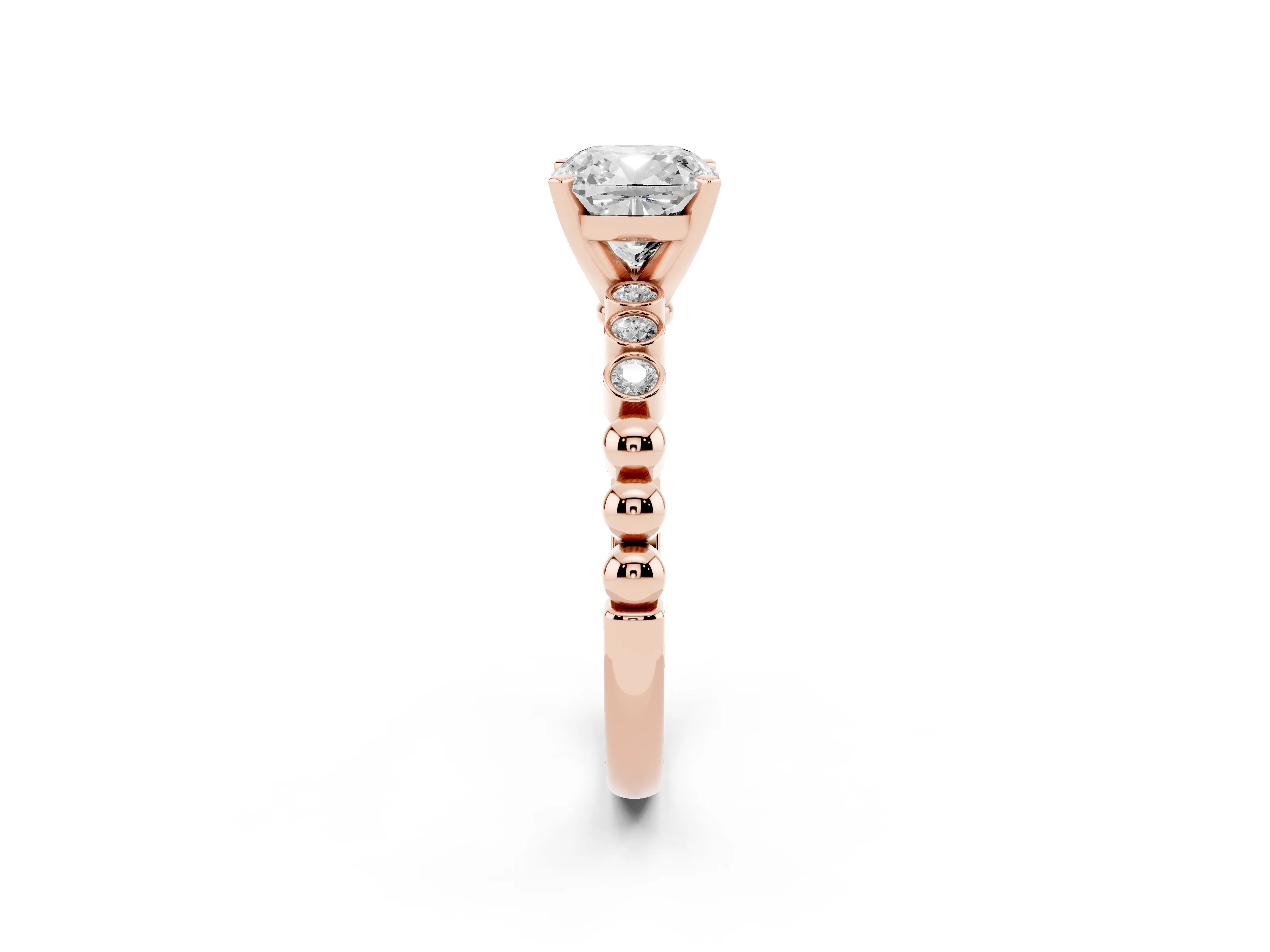 Cushion Cut Diamond Solitaire Engagement Ring Set in Rose gold with Bezel Accents on Beaded Band