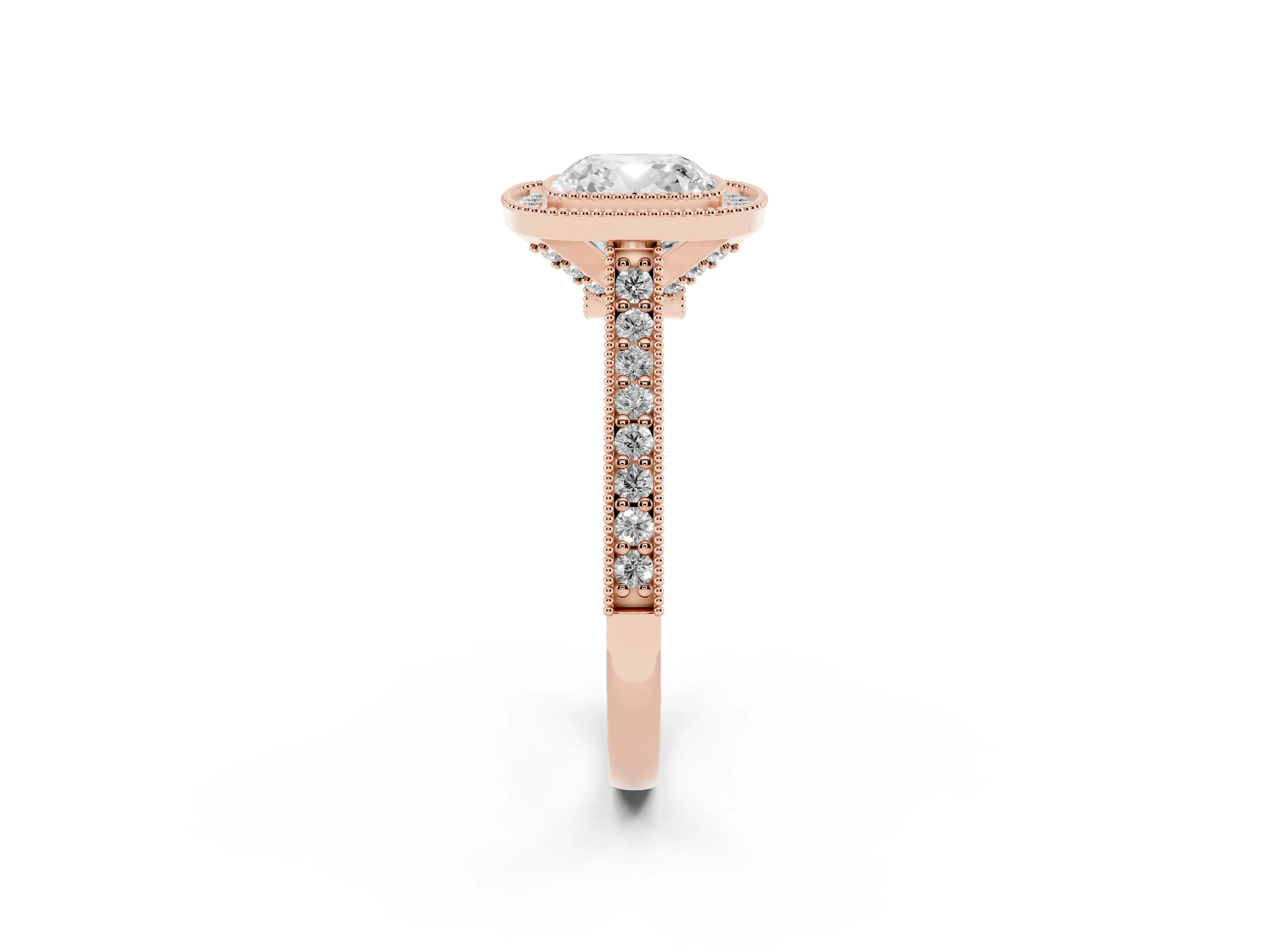 Cushion Cut Diamond Halo Milgrain Pavé Band Ring Set in Rose gold with Prong Setting