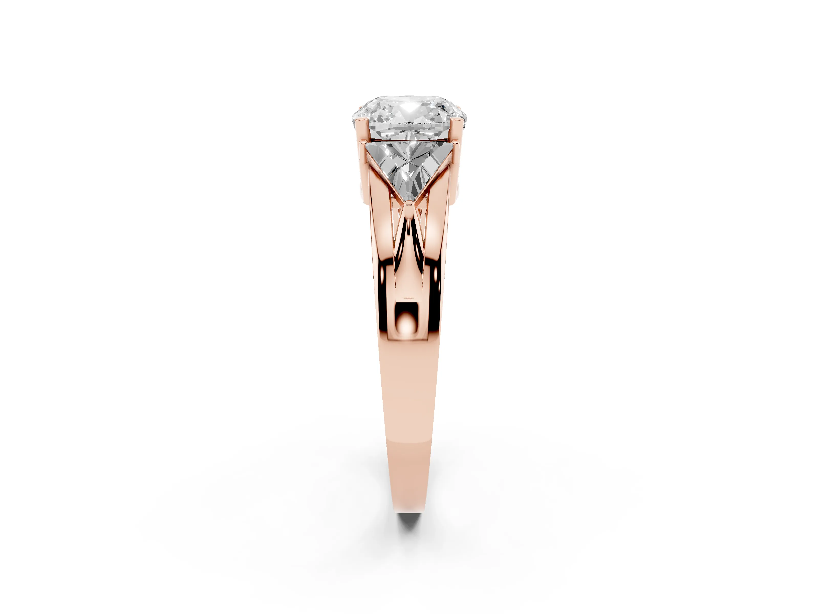 Cushion Cut Diamond Three-Stone Ring Set in Rose gold with Trillion Side Stones and Split Shank