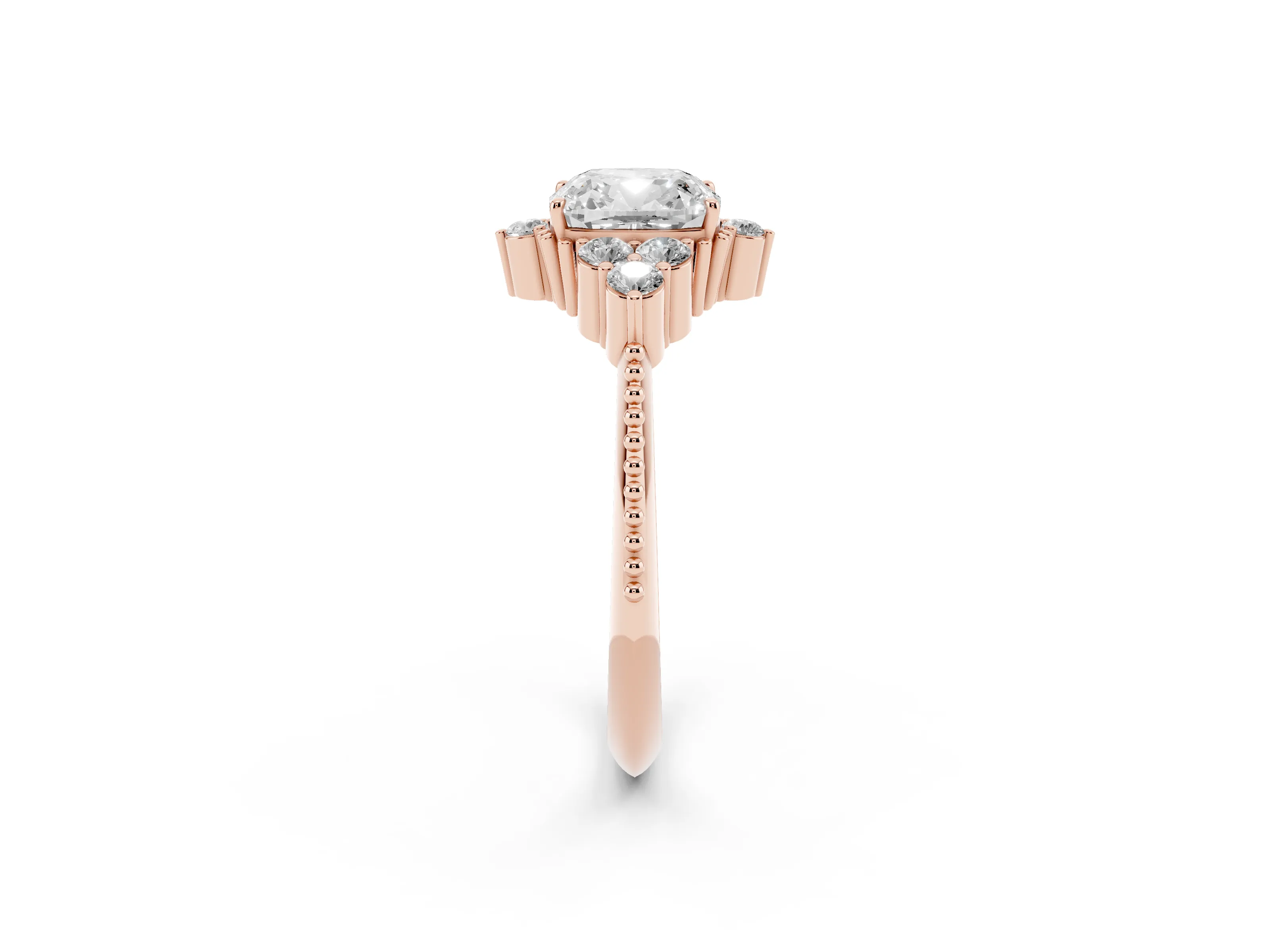 Cushion Cut Diamond Cluster Ring Set in Rose gold with Beaded Band