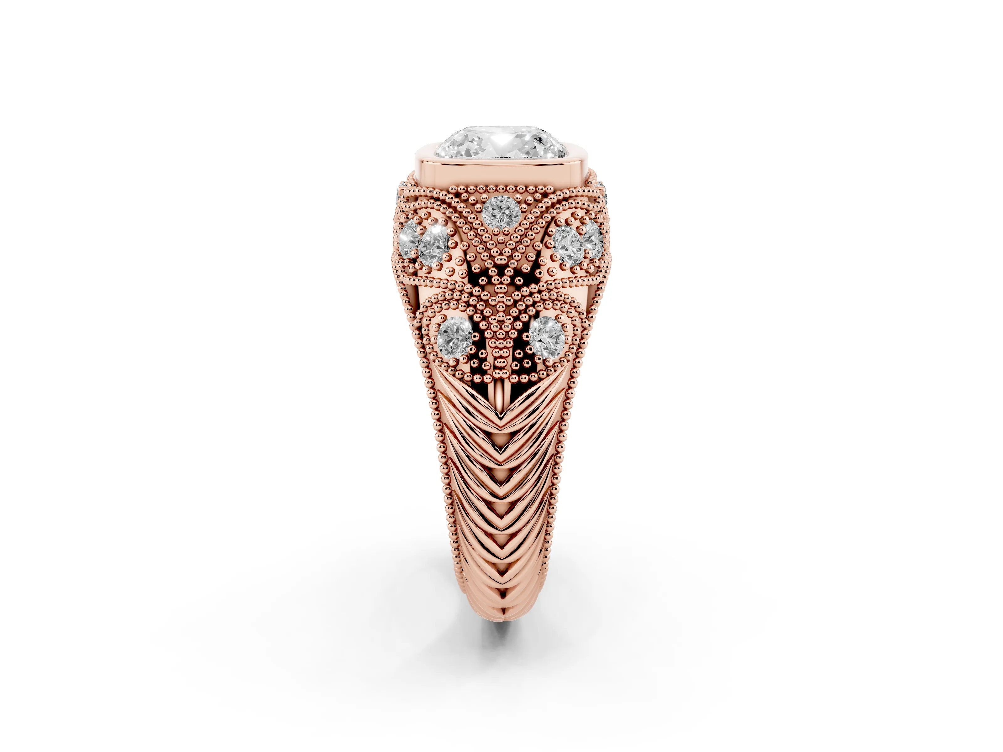 Cushion Cut Diamond Bezel Ring Set in Rose gold with Milgrain Accent Band