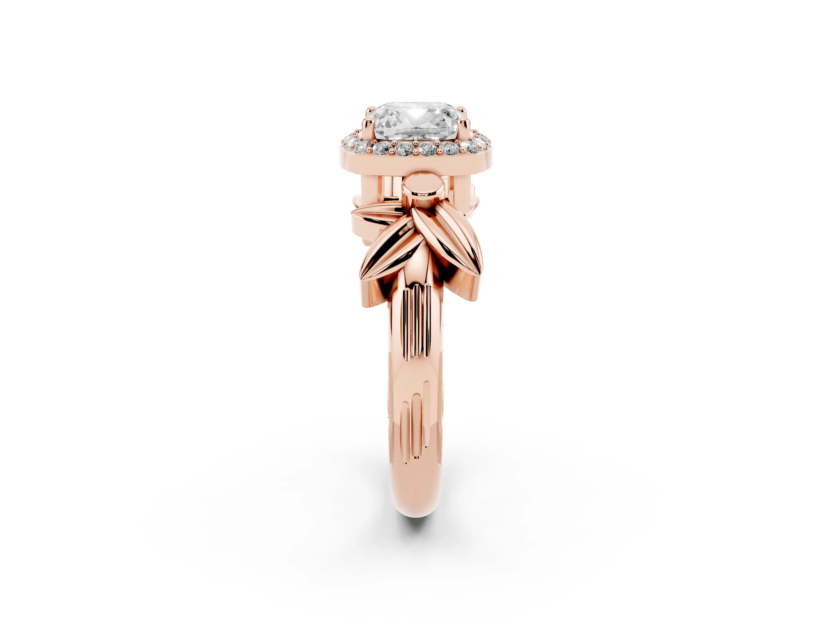 Cushion Cut Diamond Halo Floral Band Ring Set in Rose gold with Prong Setting
