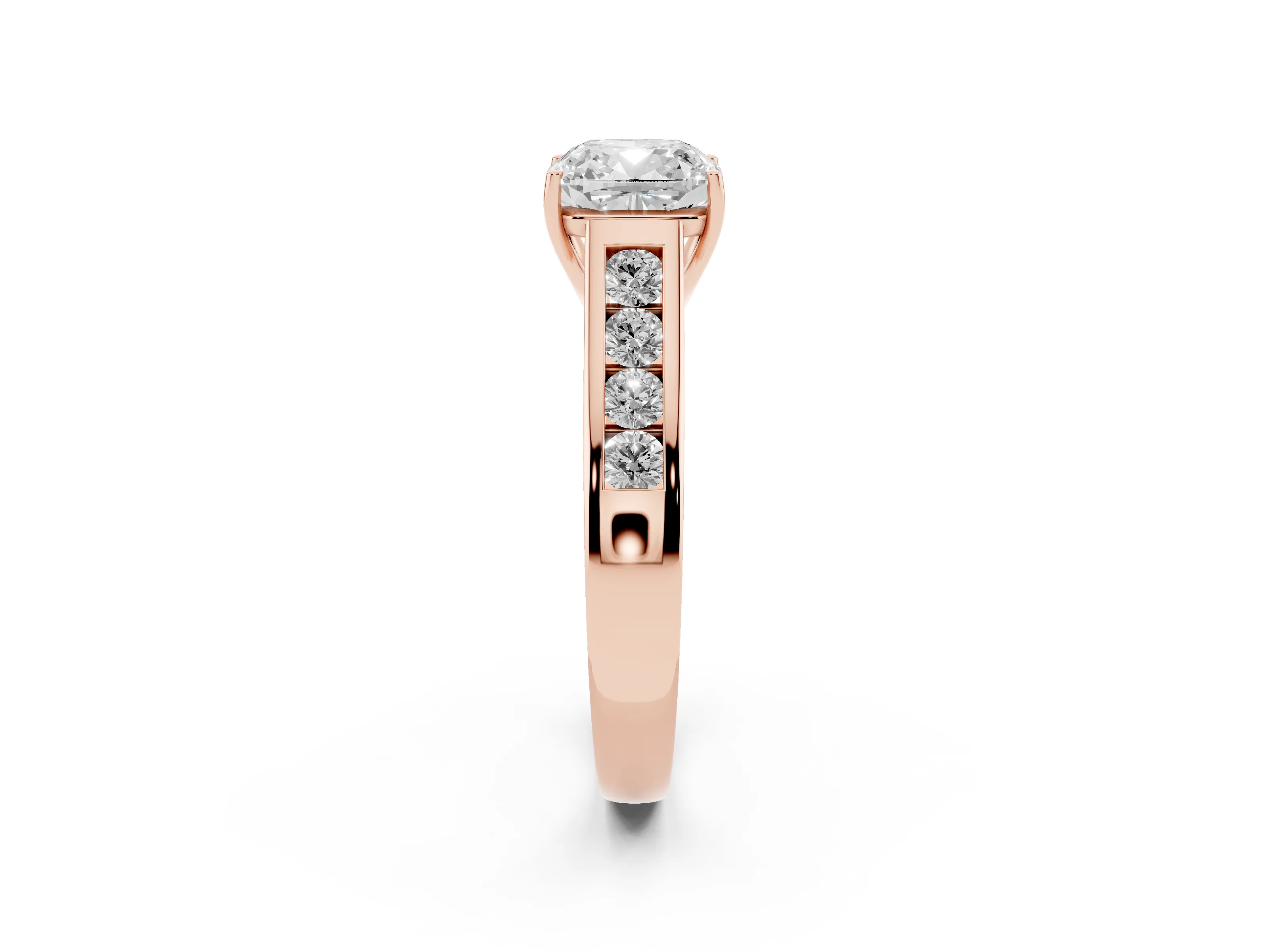 Cushion Cut Diamond Brilliant Channel-Set Solitaire Ring Set in Rose gold with Prong Setting
