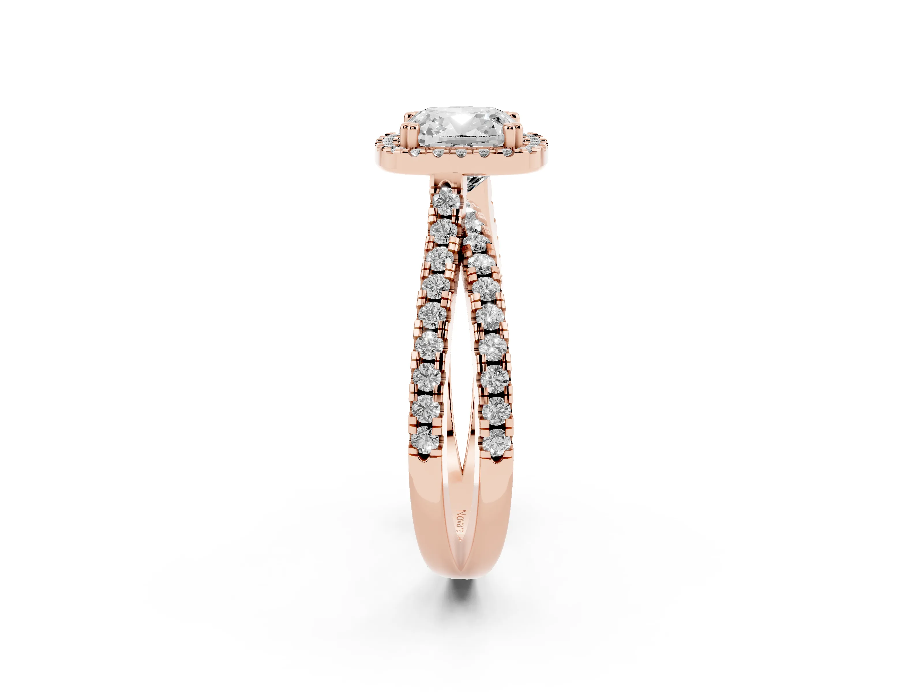 Cushion Cut Diamond Halo Split Shank Ring Set in Rose gold with Pavé Setting