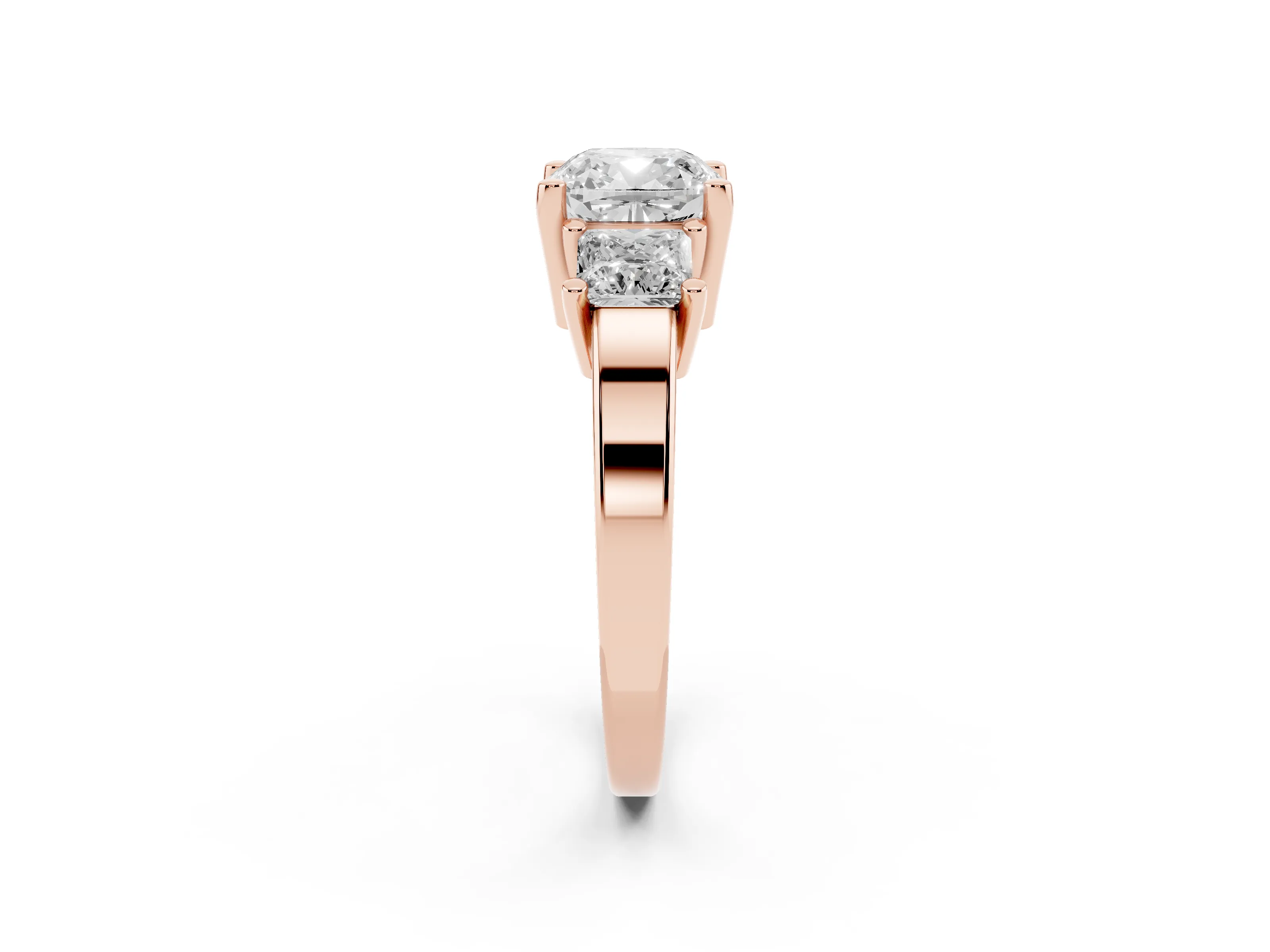 Three-Stone Cushion Cut Diamond Solitaire Ring Set in Rose gold with Prong Setting