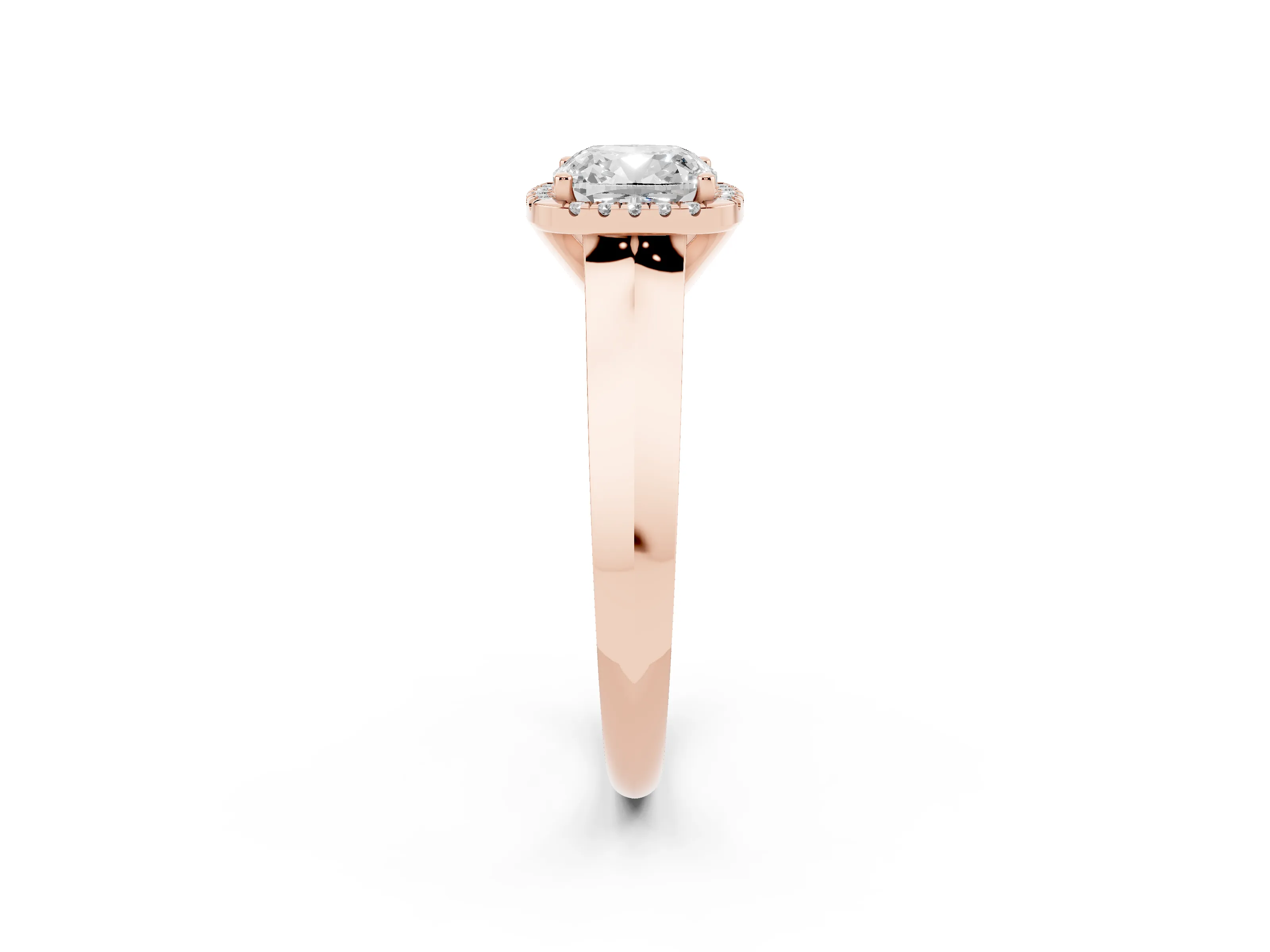 Cushion Cut Diamond Halo Ring Set in Rose gold with Cathedral Band and Prong Setting