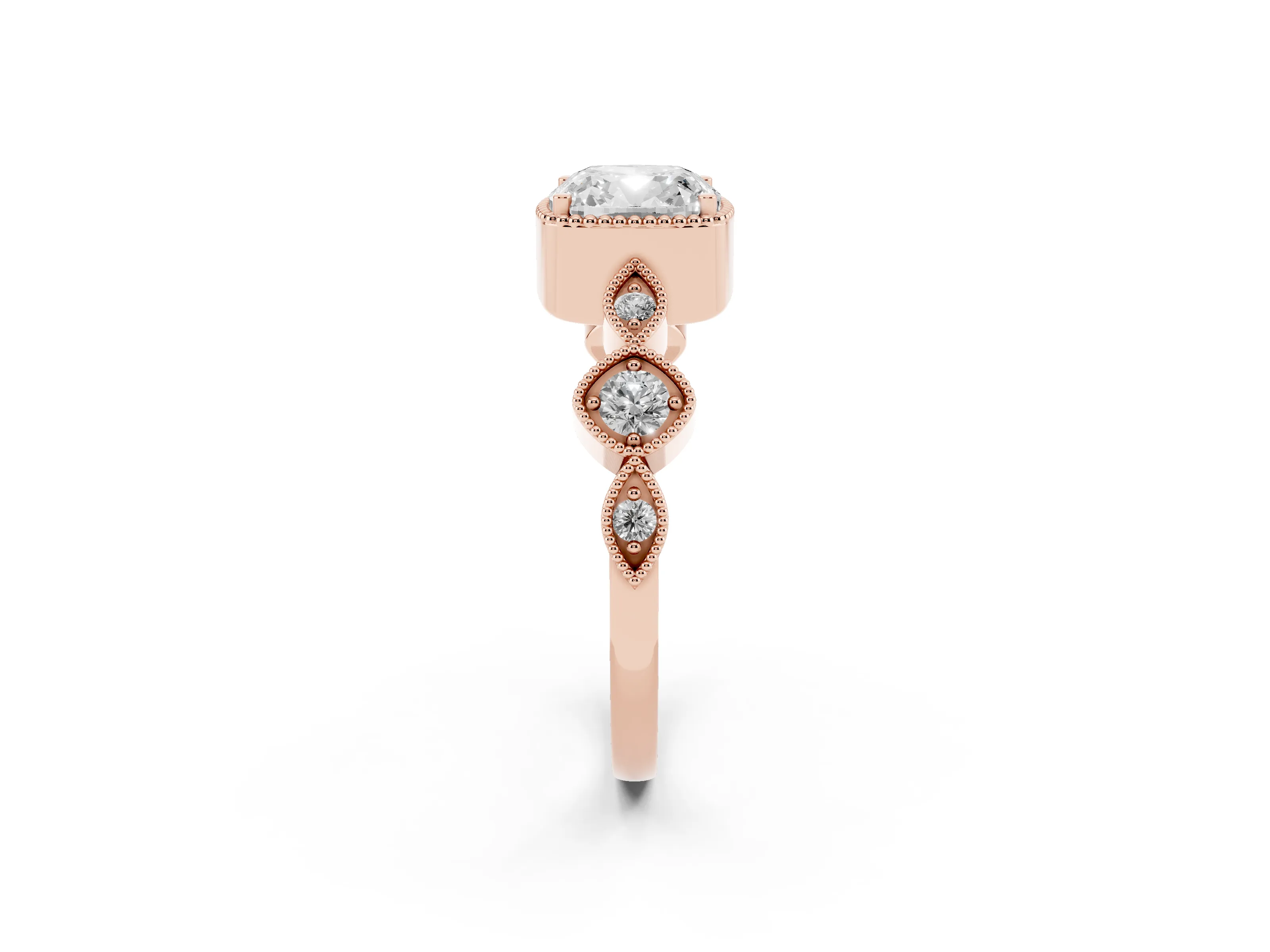 Cushion Cut Diamond Vintage-Inspired Milgrain Ring Set in Rose gold with Marquise Stations of Round Accents